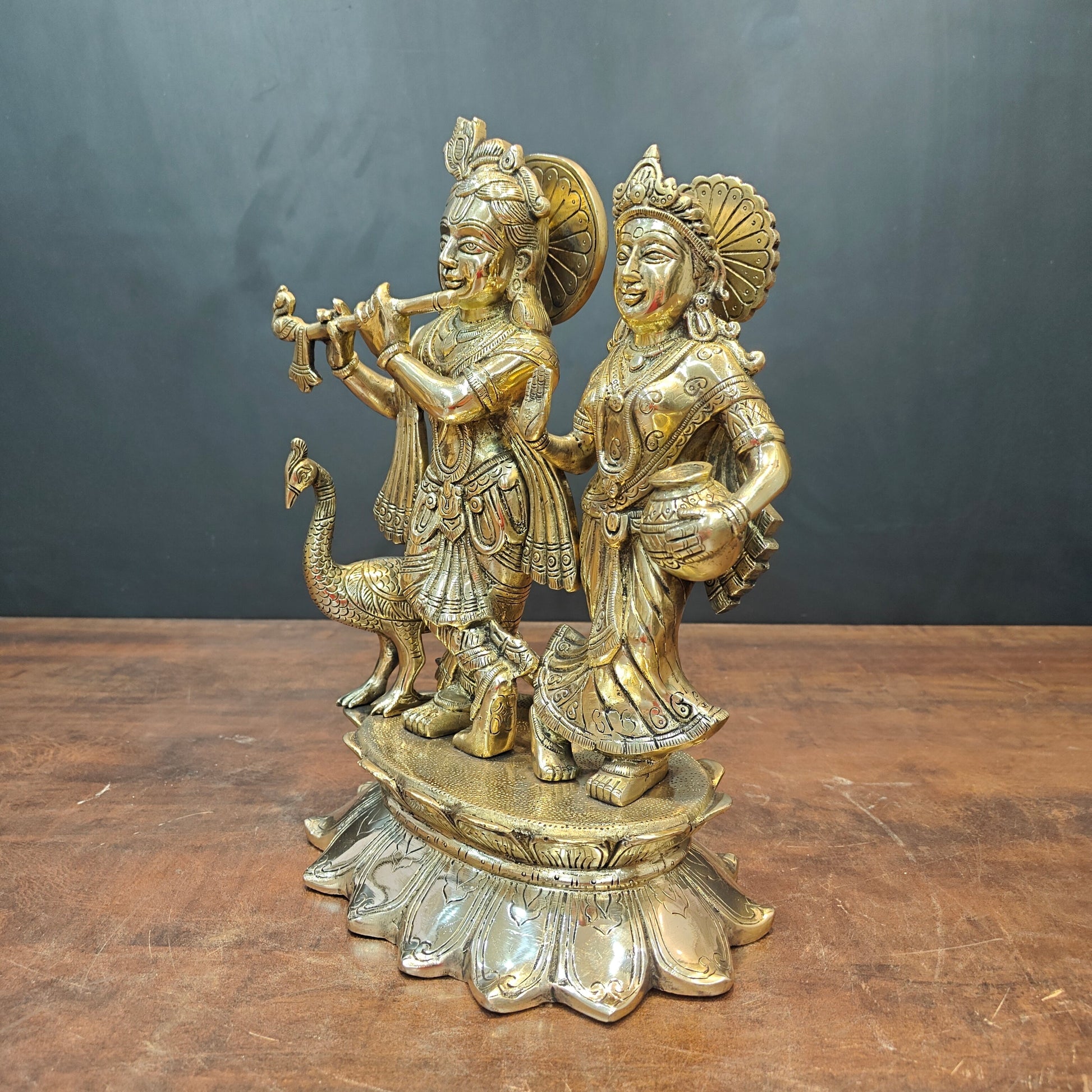 Brass Radha Krishna Idols With Peacock For Home Temple Decor 14 Inch - Image 6