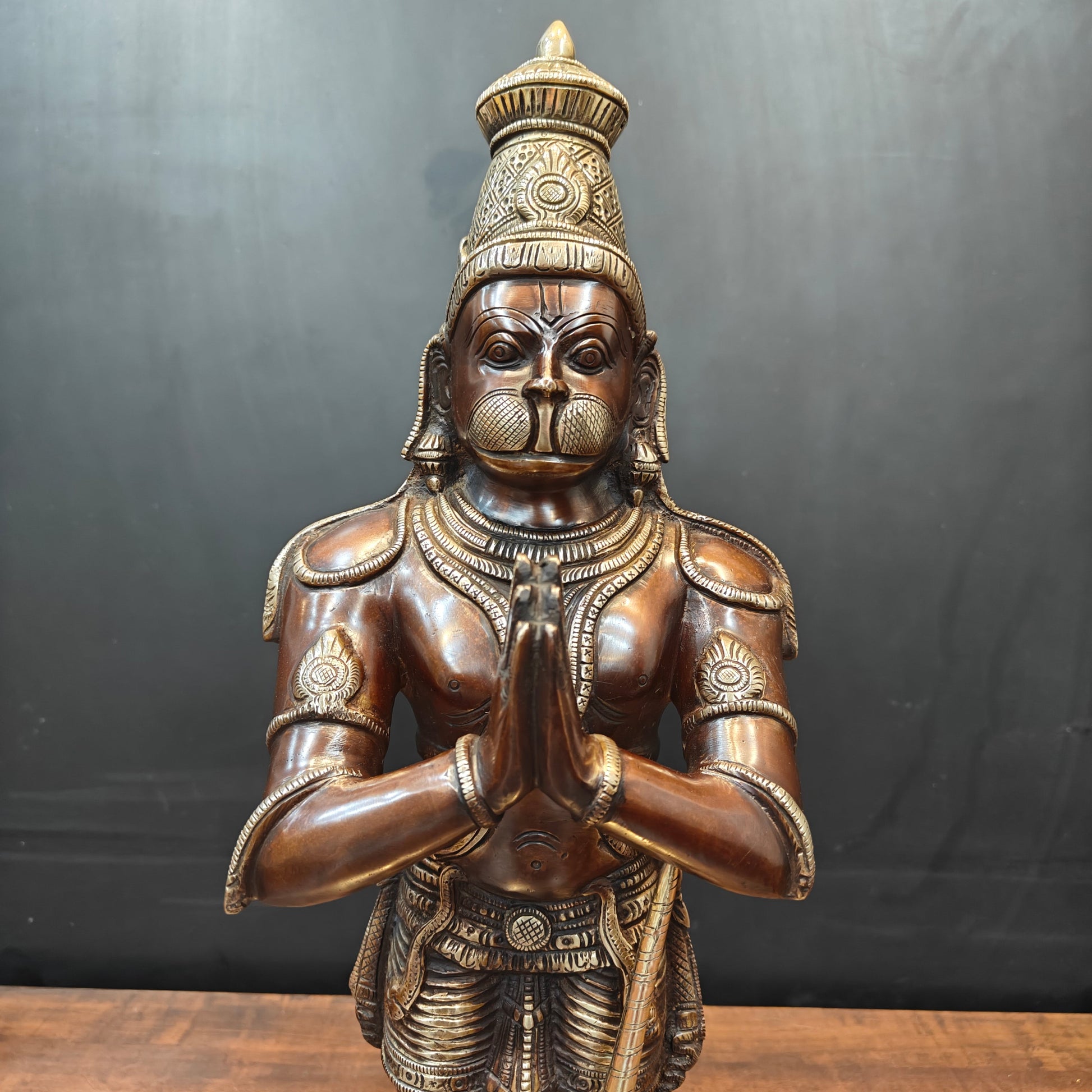 Brass Standing Hanuman Idol In Namaskar Mudra Antique Finish 23 Inch - Image 2