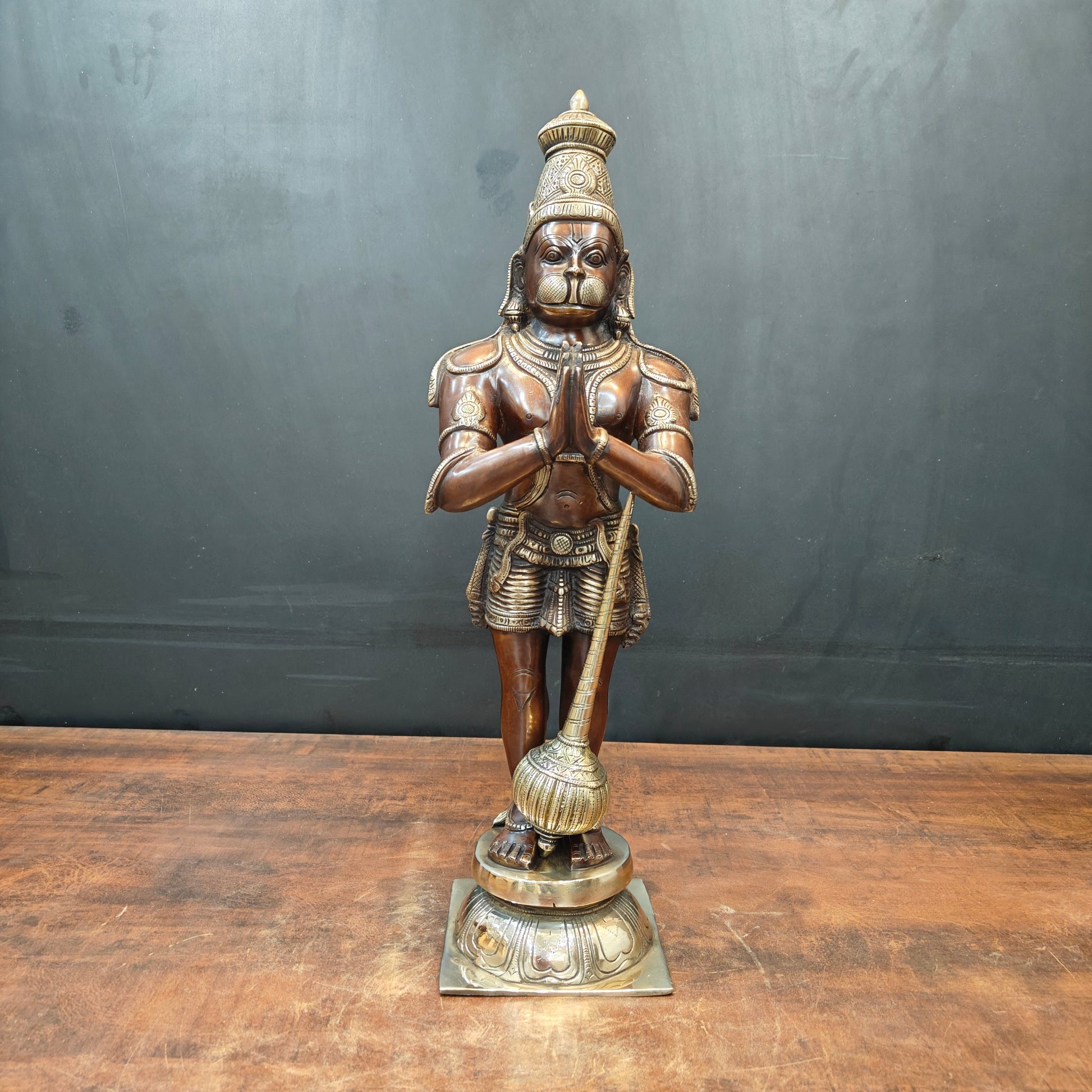 Brass Standing Hanuman Idol In Namaskar Mudra Antique Finish 23 Inch - Image 3