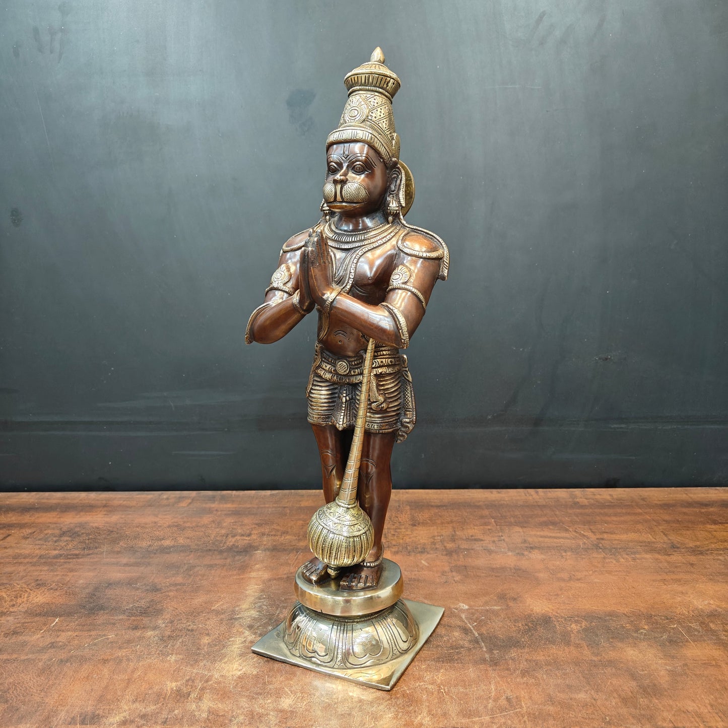 Brass Standing Hanuman Idol In Namaskar Mudra Antique Finish 23 Inch
