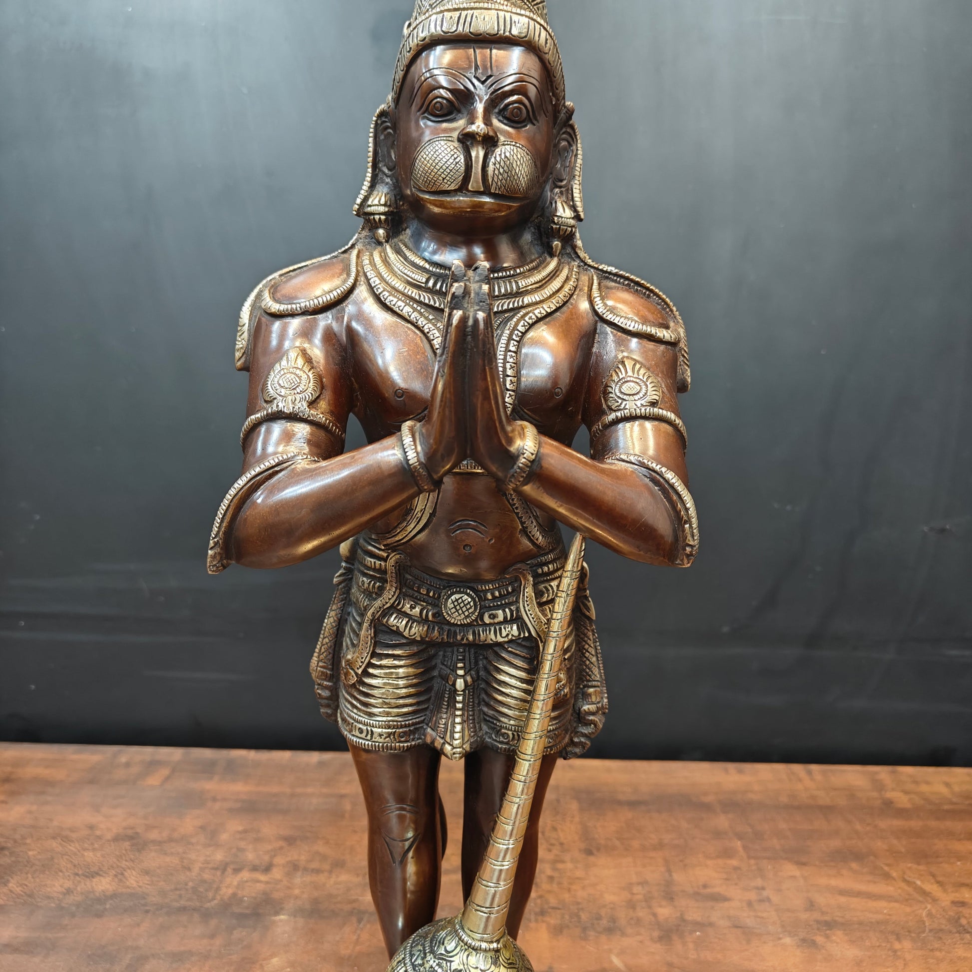 Brass Standing Hanuman Idol In Namaskar Mudra Antique Finish 23 Inch - Image 5