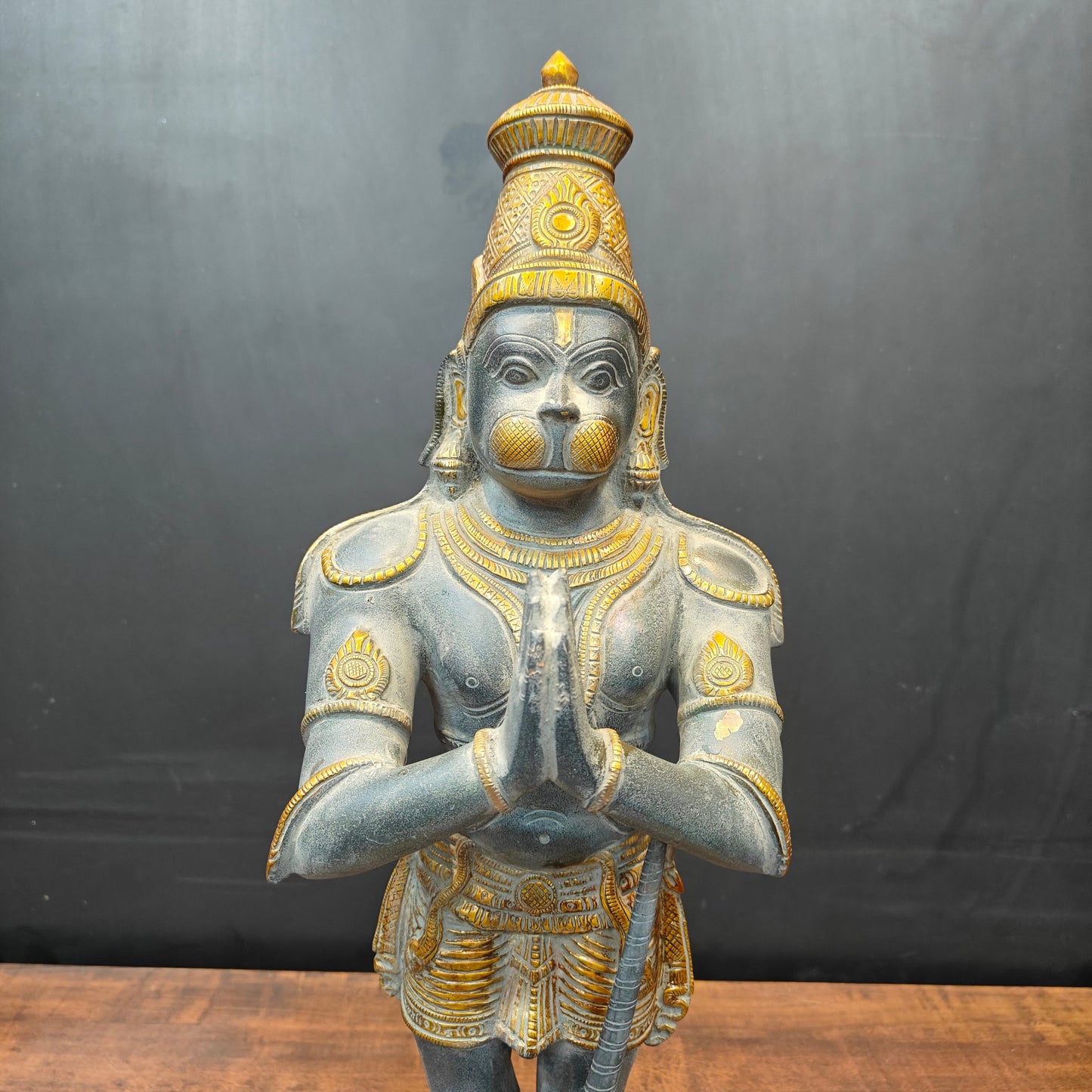 Brass Standing Hanuman Idol In Namaskar Mudra Antique Sand Finish 23 Inch