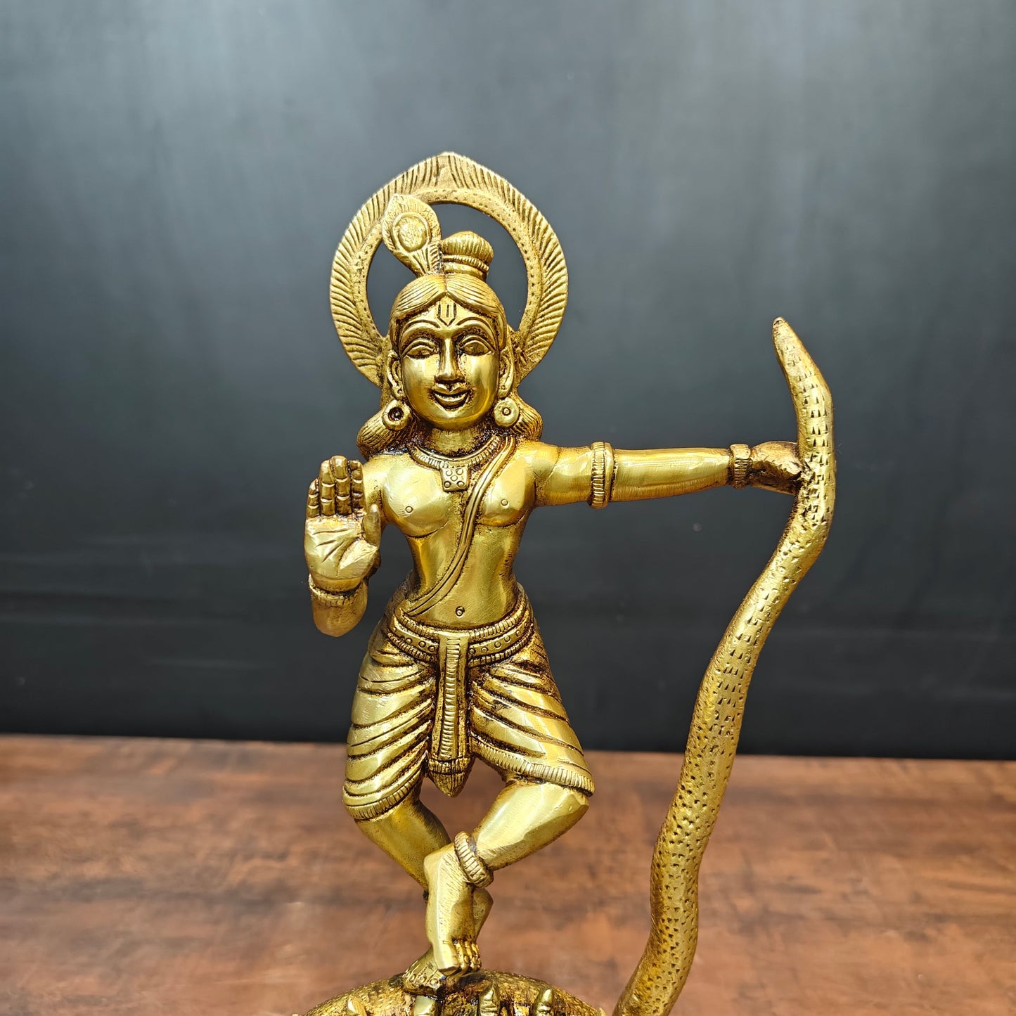 Brass Krishna Idol Dancing On Kaliya Naag Golden Finish 13 Inches