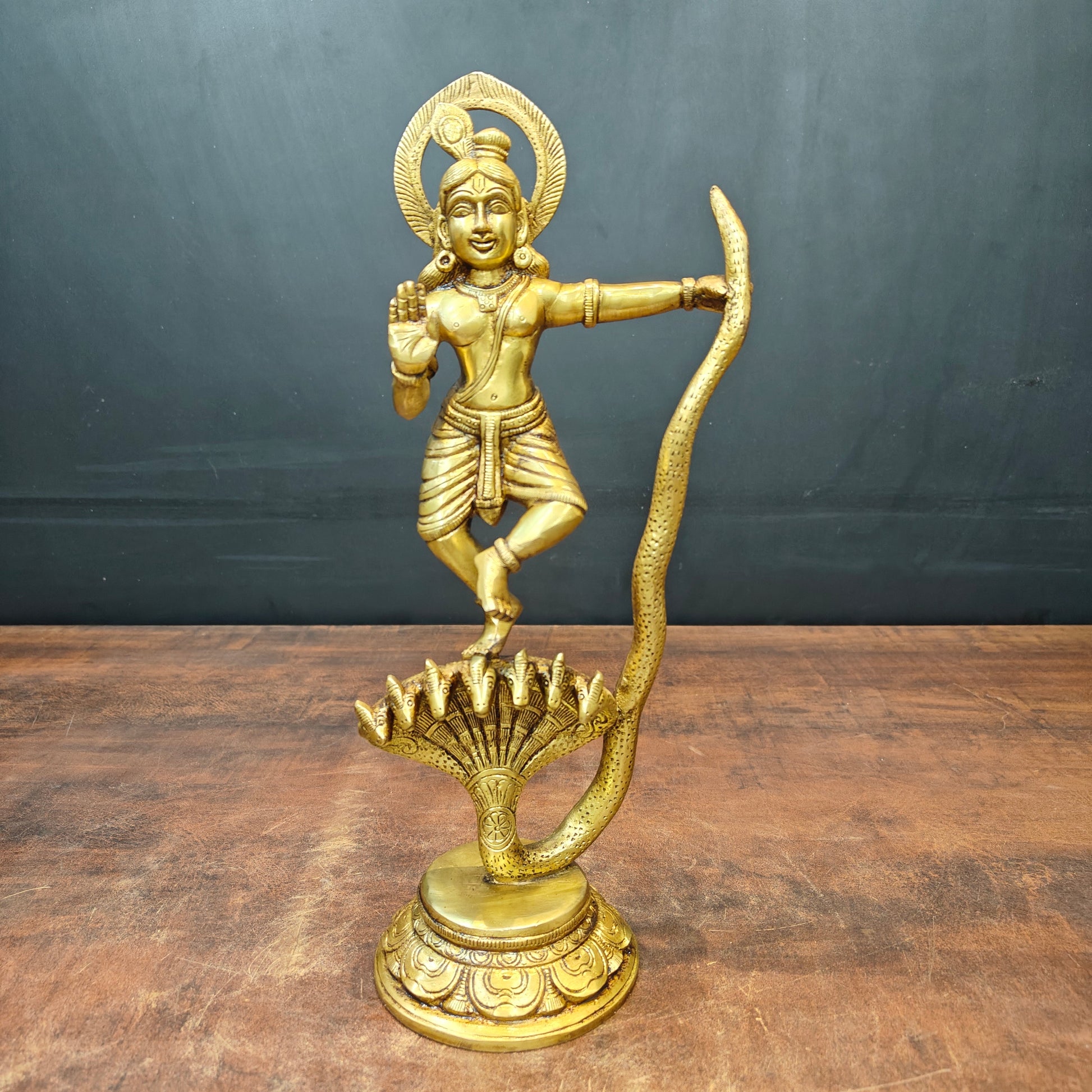 Brass Krishna Idol Dancing On Kaliya Naag Golden Finish 13 Inches - Image 3