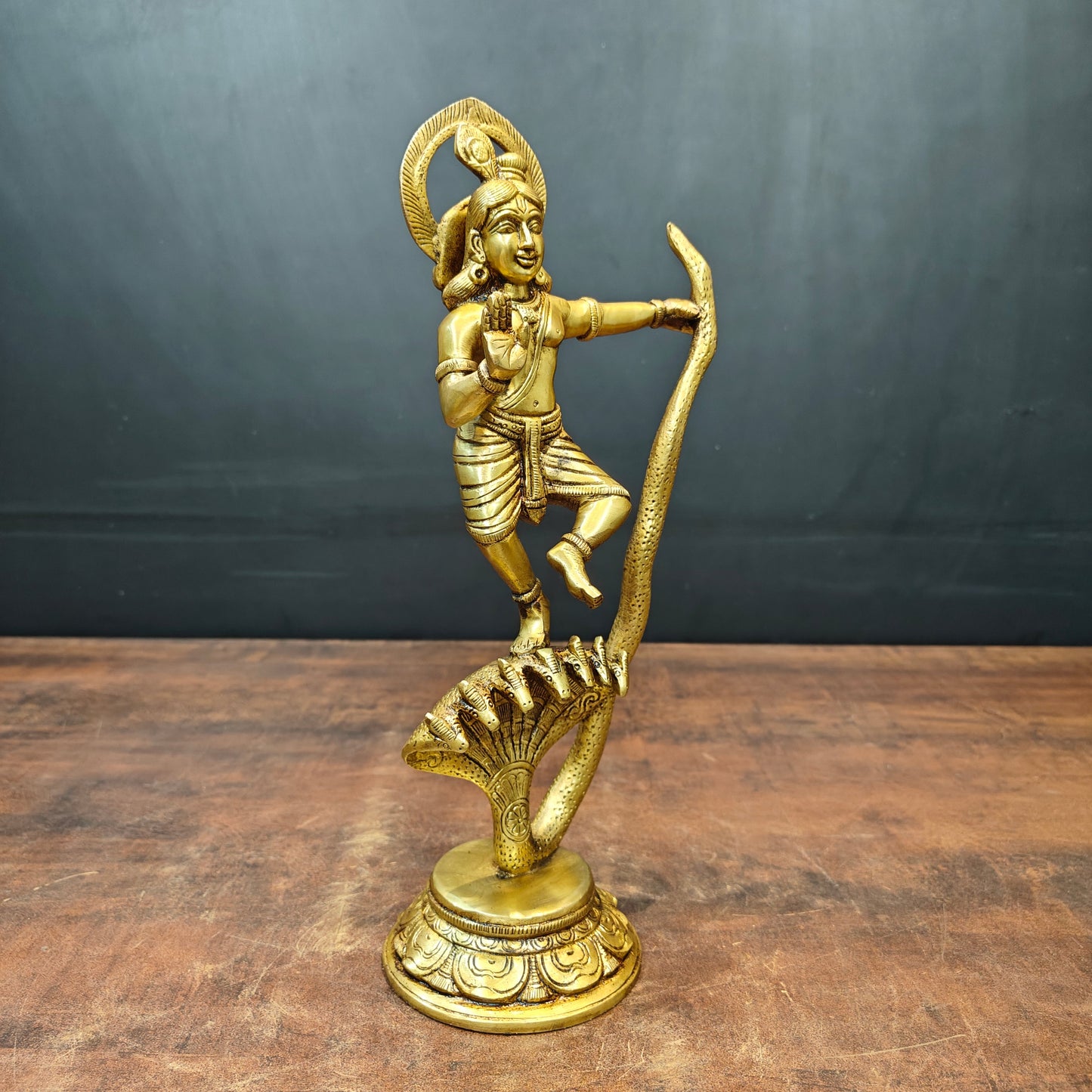 Brass Krishna Idol Dancing On Kaliya Naag Golden Finish 13 Inches