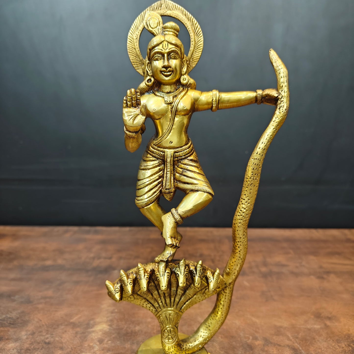 Brass Krishna Idol Dancing On Kaliya Naag Golden Finish 13 Inches