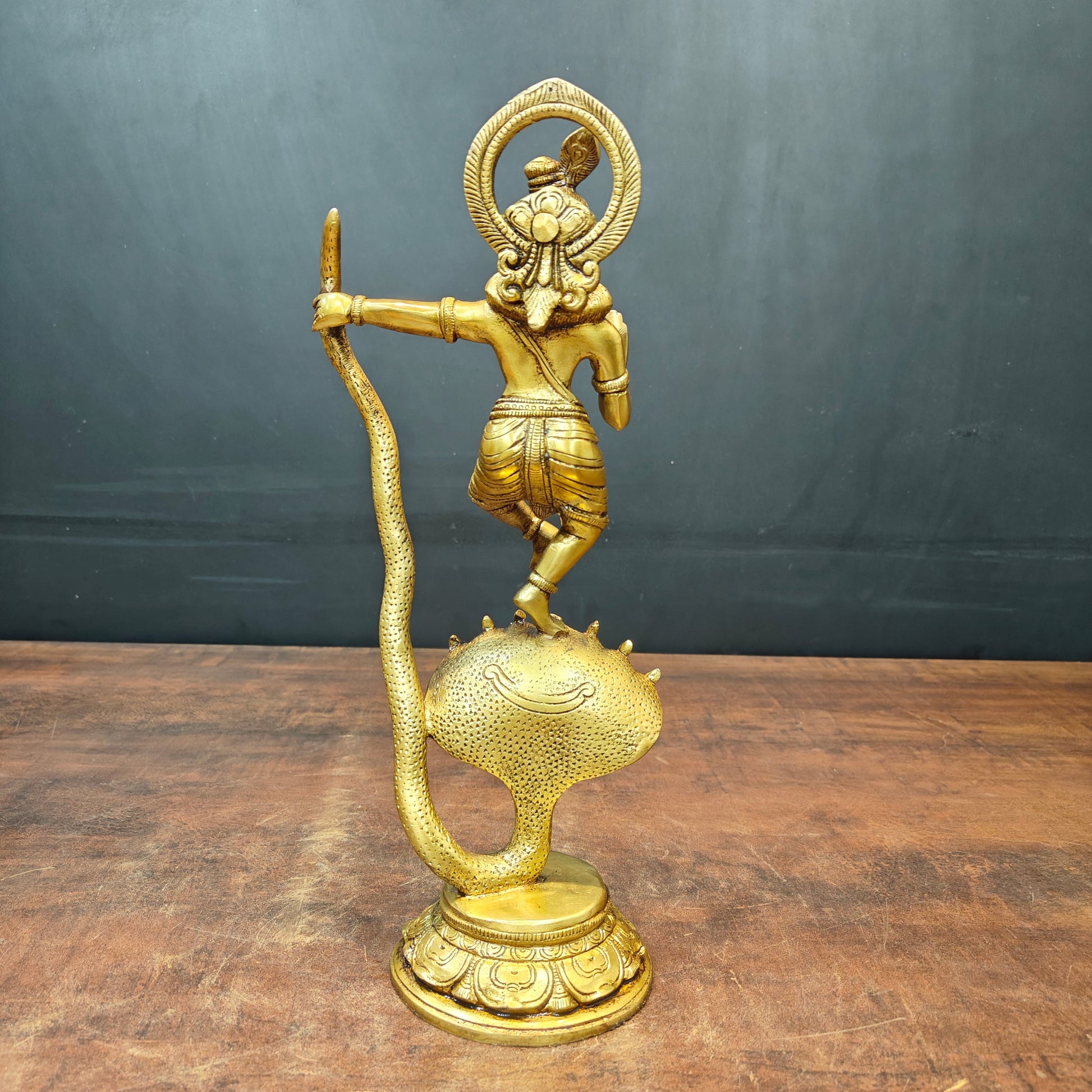 Brass Krishna Idol Dancing On Kaliya Naag Golden Finish 13 Inches - Image 6
