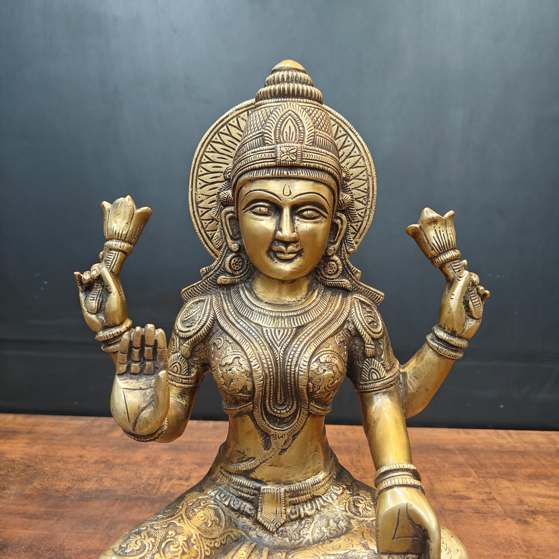 Brass Goddess Lakshmi Statue For Home Decor Antique Finish 15 Inch - Image 2
