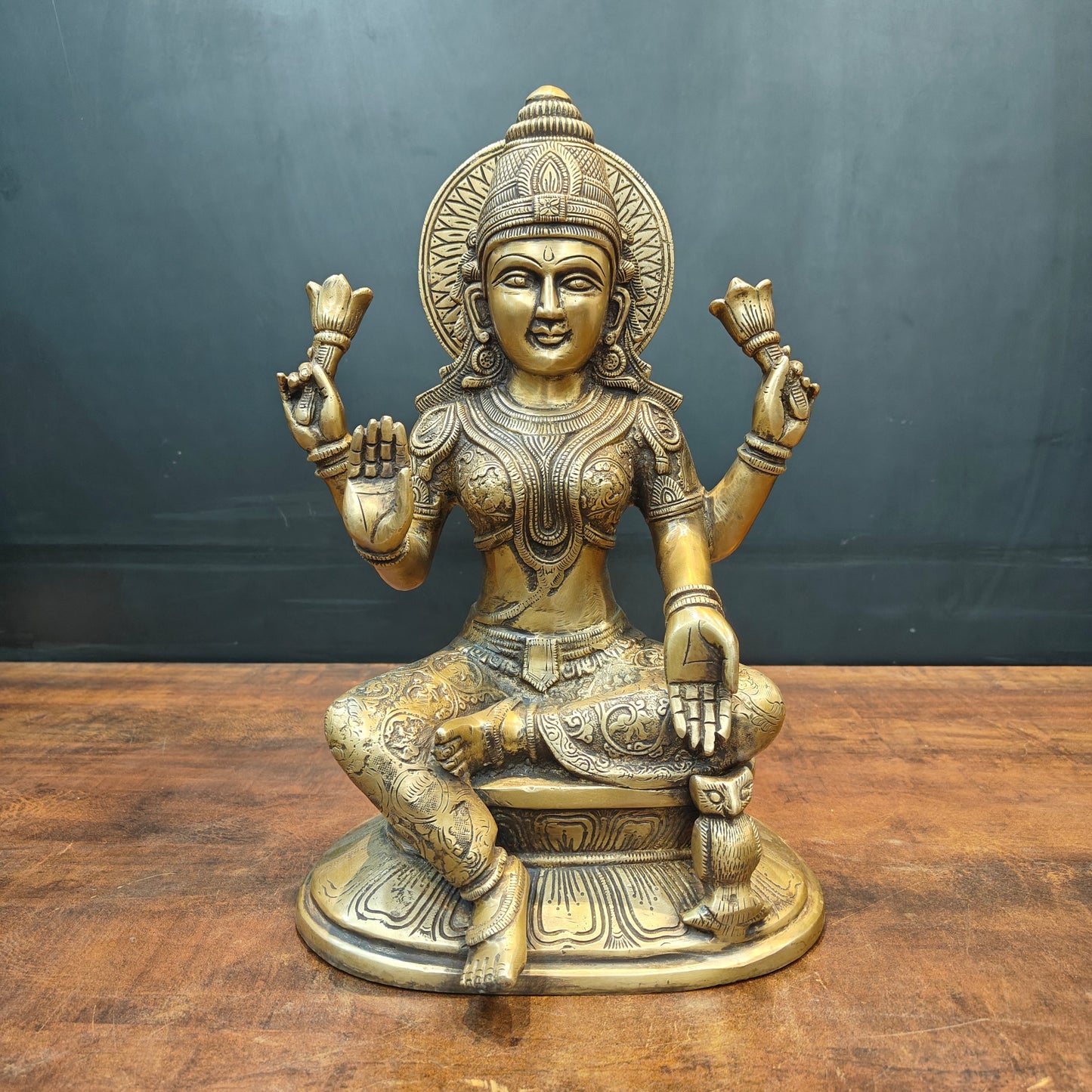 Brass Goddess Lakshmi Statue For Home Decor Antique Finish 15 Inch