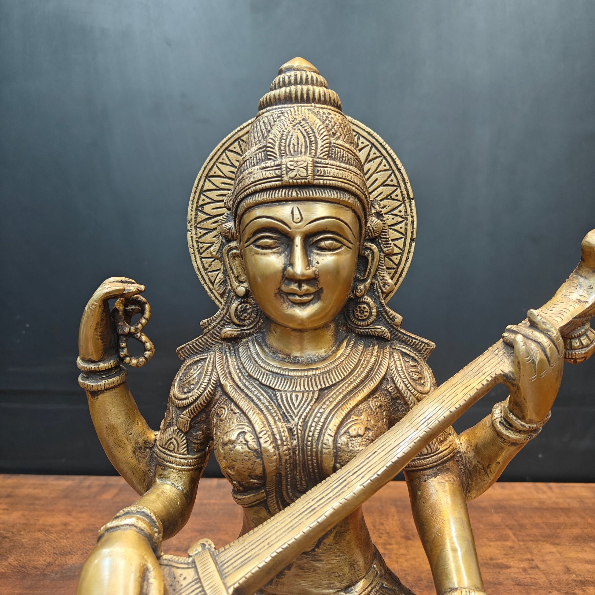 Brass Goddess Saraswati Idol Playing With Veena Antique Finish 15 Inch - Image 2