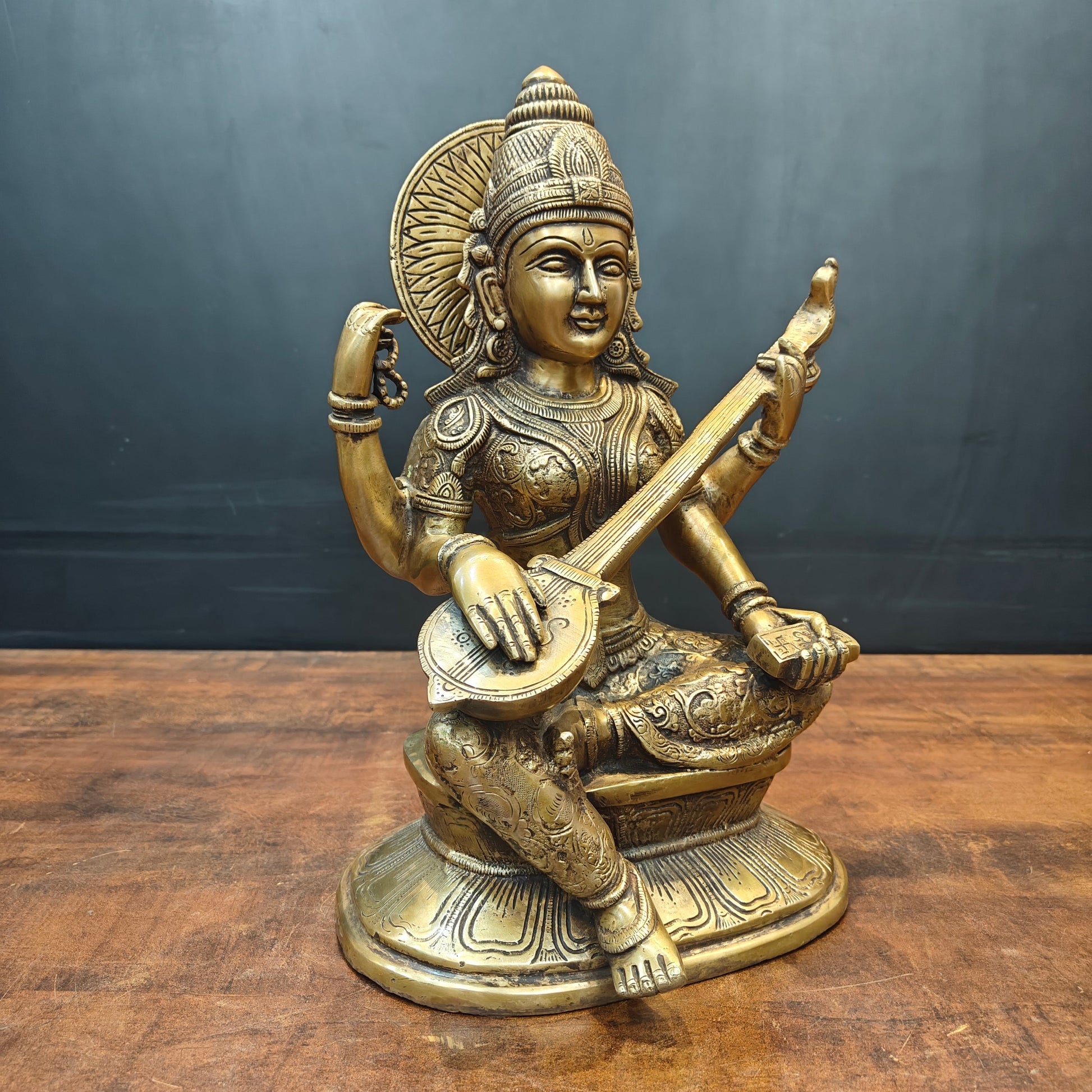Brass Goddess Saraswati Idol Playing With Veena Antique Finish 15 Inch - Image 3