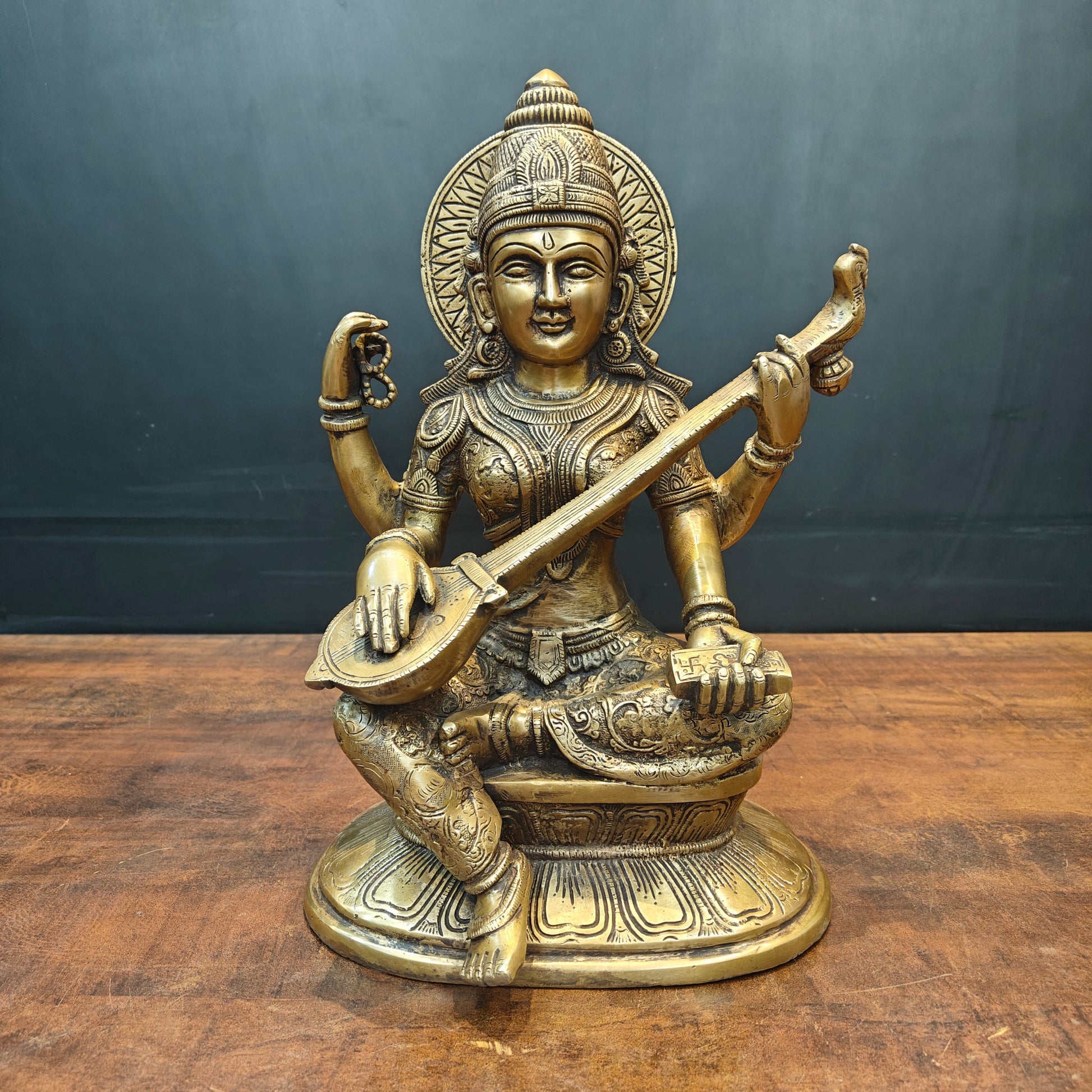 Brass Goddess Saraswati Idol Playing With Veena Antique Finish 15 Inch - Image 4