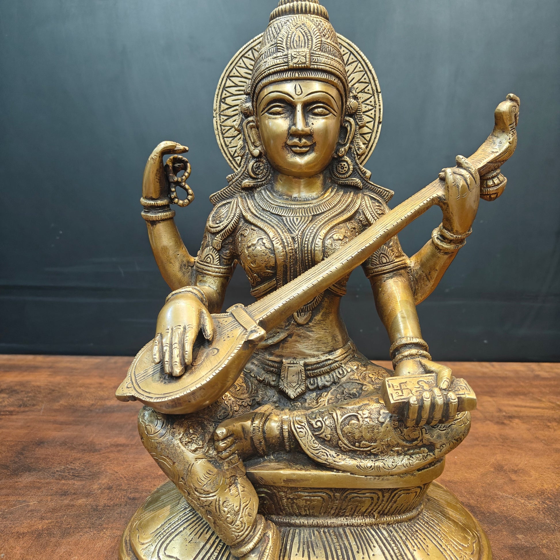 Brass Goddess Saraswati Idol Playing With Veena Antique Finish 15 Inch - Image 5