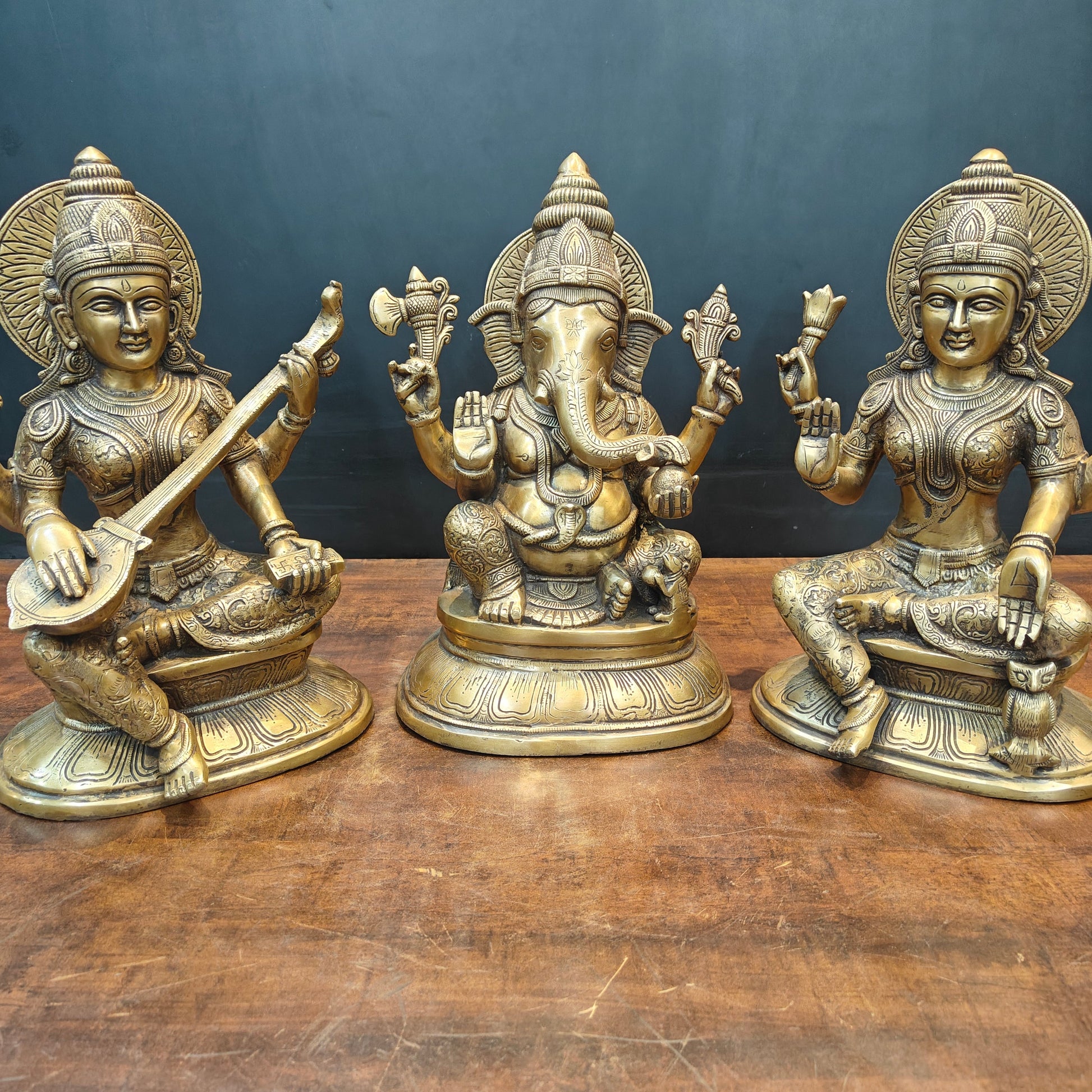 Brass Ganesha Lakshmi Saraswati Idols Antique Finish 15 Inches - Image 2
