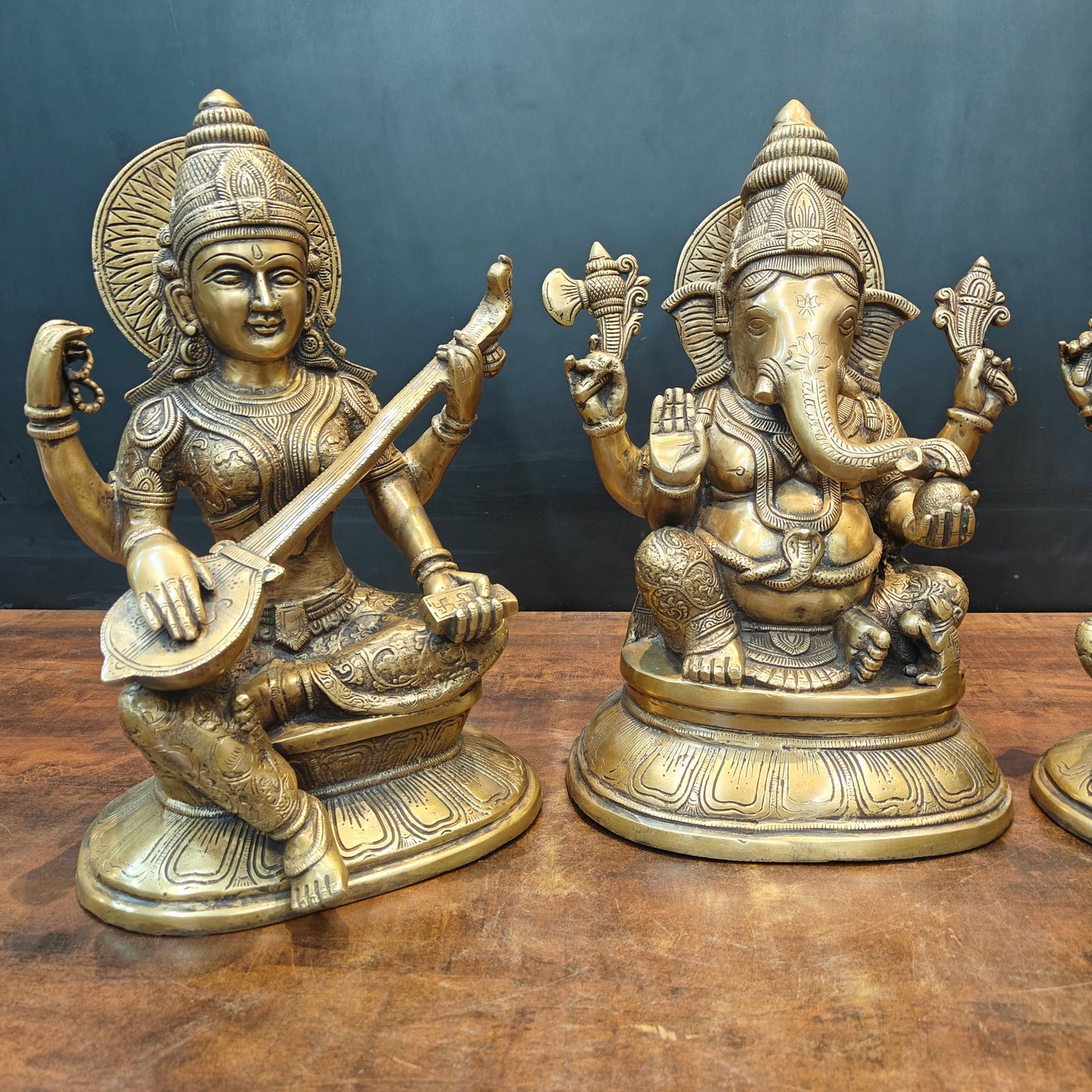 Brass Ganesha Lakshmi Saraswati Idols Antique Finish 15 Inches