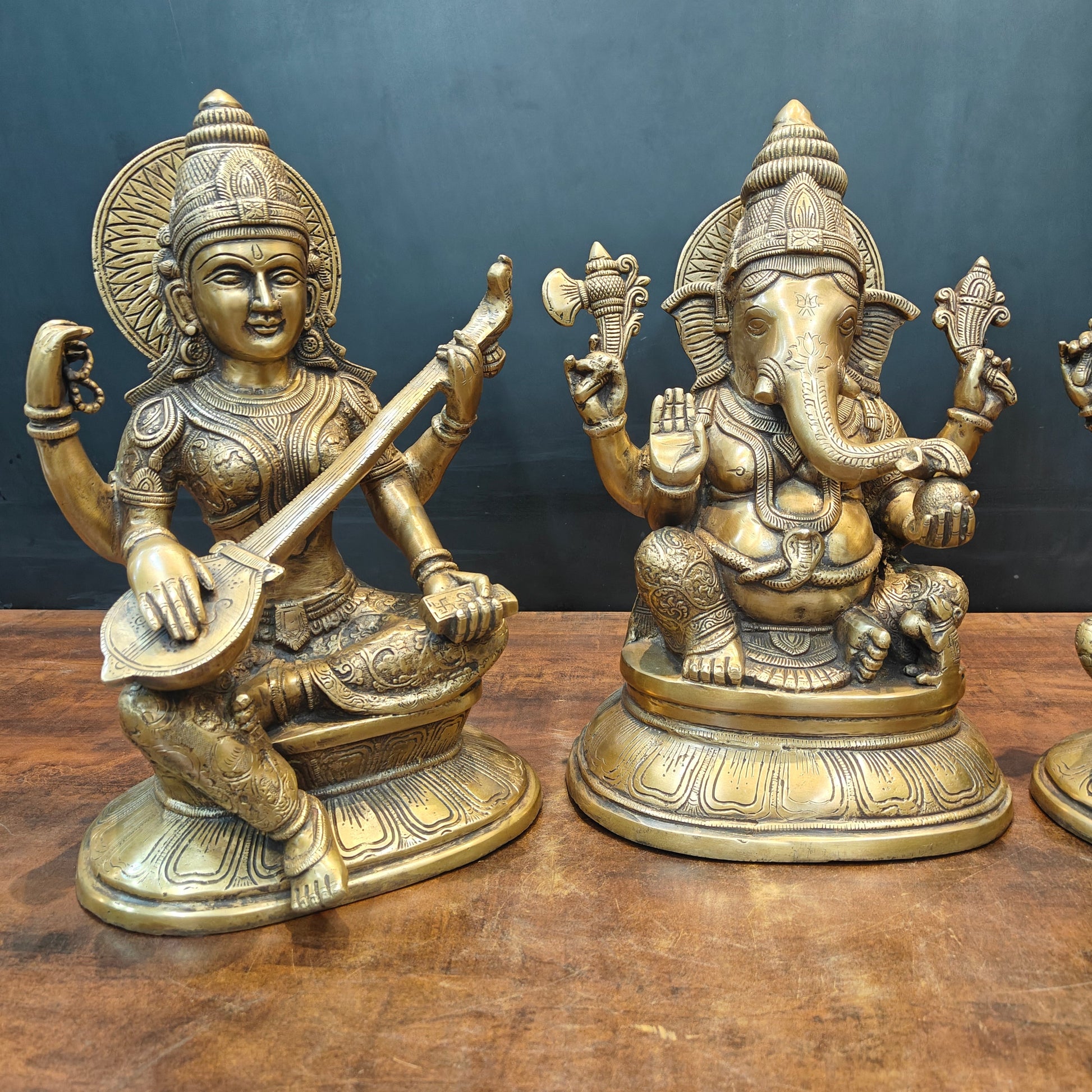 Brass Ganesha Lakshmi Saraswati Idols Antique Finish 15 Inches - Image 3
