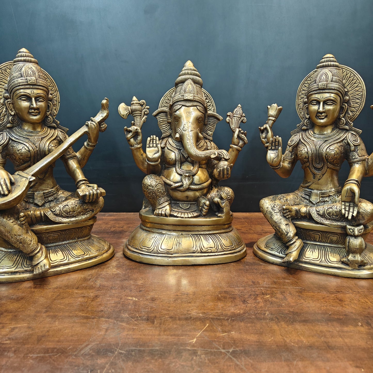 Brass Ganesha Lakshmi Saraswati Idols Antique Finish 15 Inches