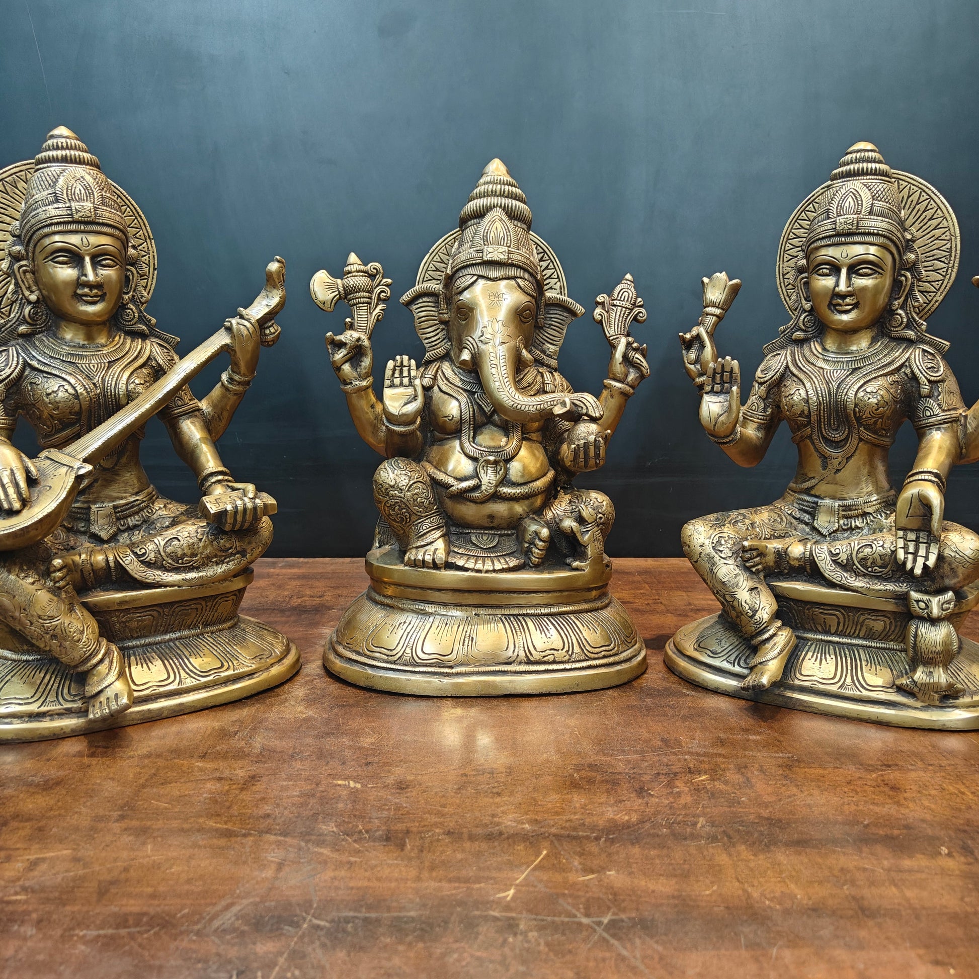 Brass Ganesha Lakshmi Saraswati Idols Antique Finish 15 Inches - Image 5