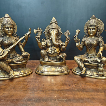 Brass Ganesha Lakshmi Saraswati Idols Antique Finish 15 Inches by vendor-unknown - Hindu Gods (View 5)