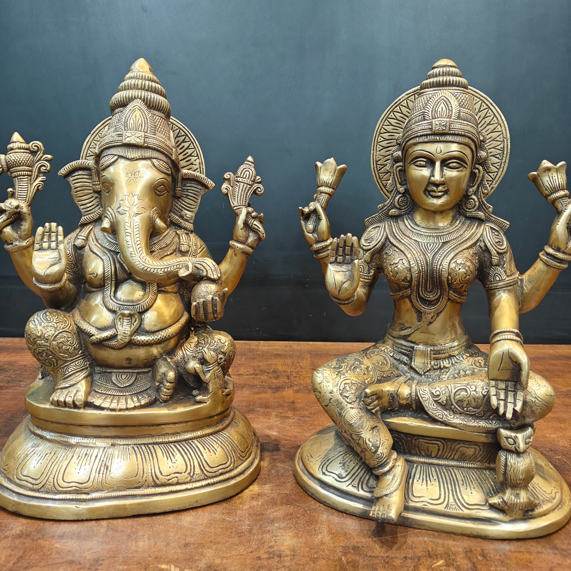 Brass Ganesha Lakshmi Idols For Home Temple Decor Antique Finish 15 Inches - Image 2
