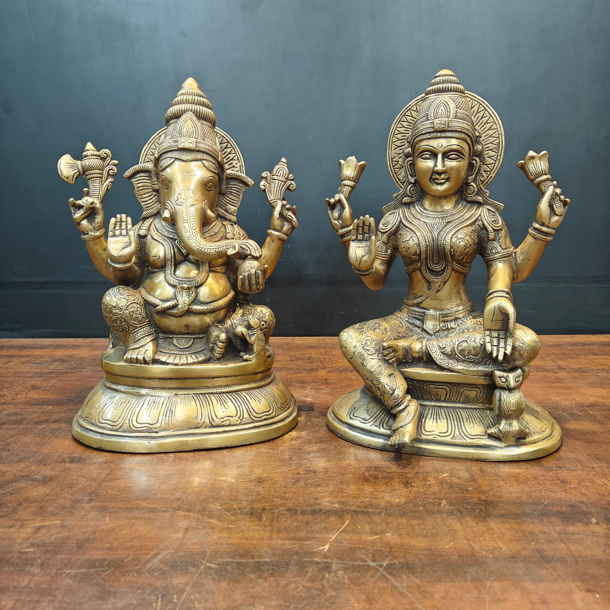 Brass Ganesha Lakshmi Idols For Home Temple Decor Antique Finish 15 Inches - Image 3