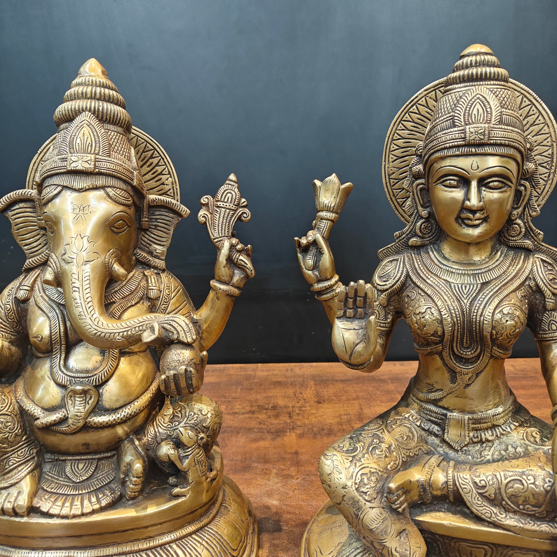 Brass Ganesha Lakshmi Idols For Home Temple Decor Antique Finish 15 Inches - Image 4