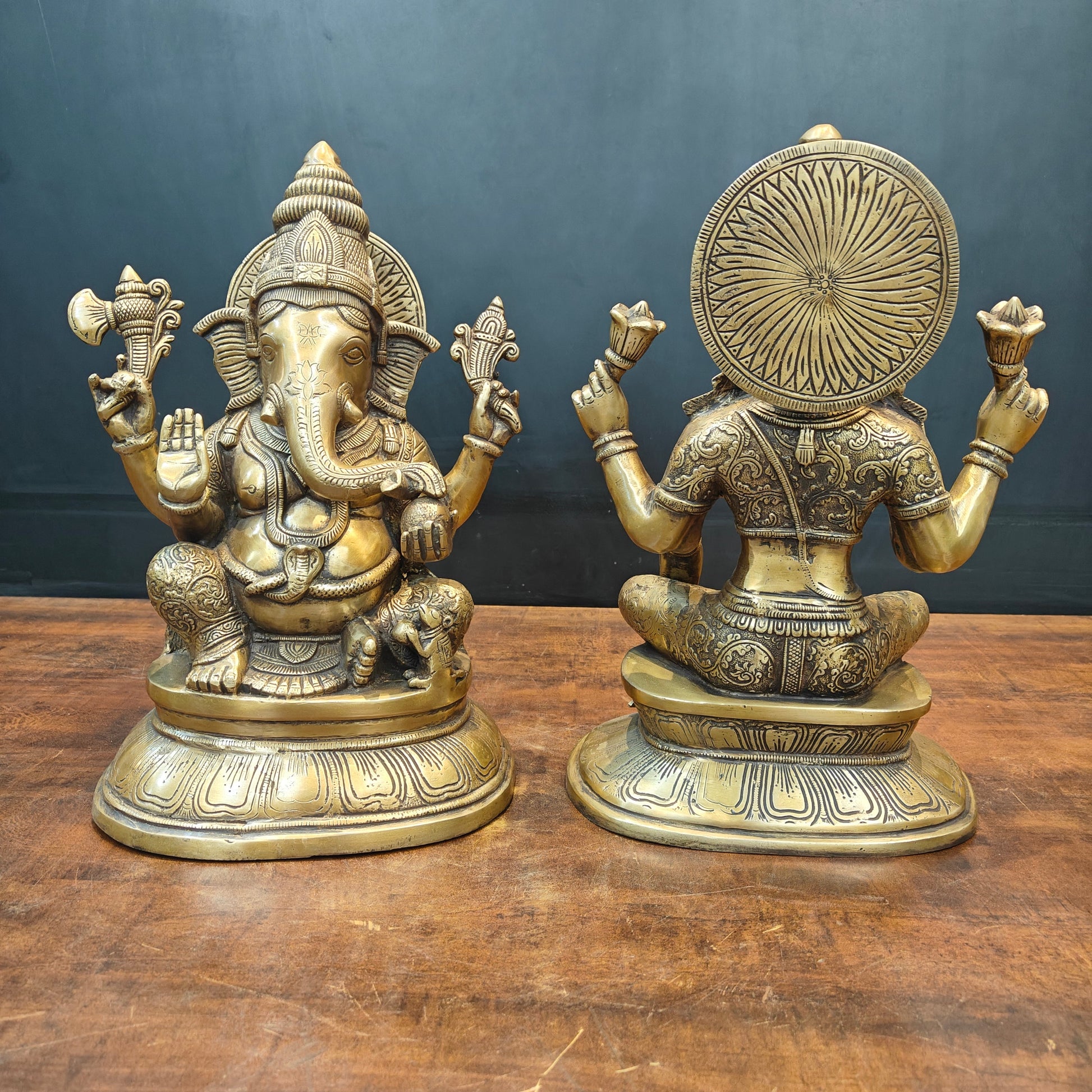 Brass Ganesha Lakshmi Idols For Home Temple Decor Antique Finish 15 Inches - Image 5