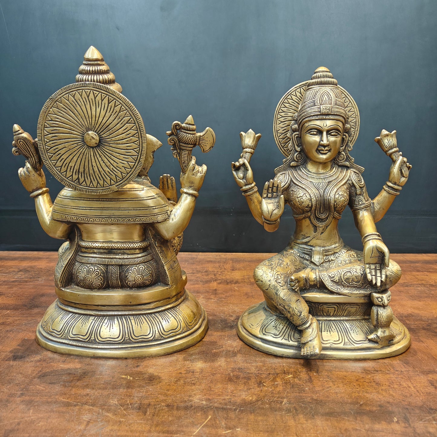 Brass Ganesha Lakshmi Idols For Home Temple Decor Antique Finish 15 Inches