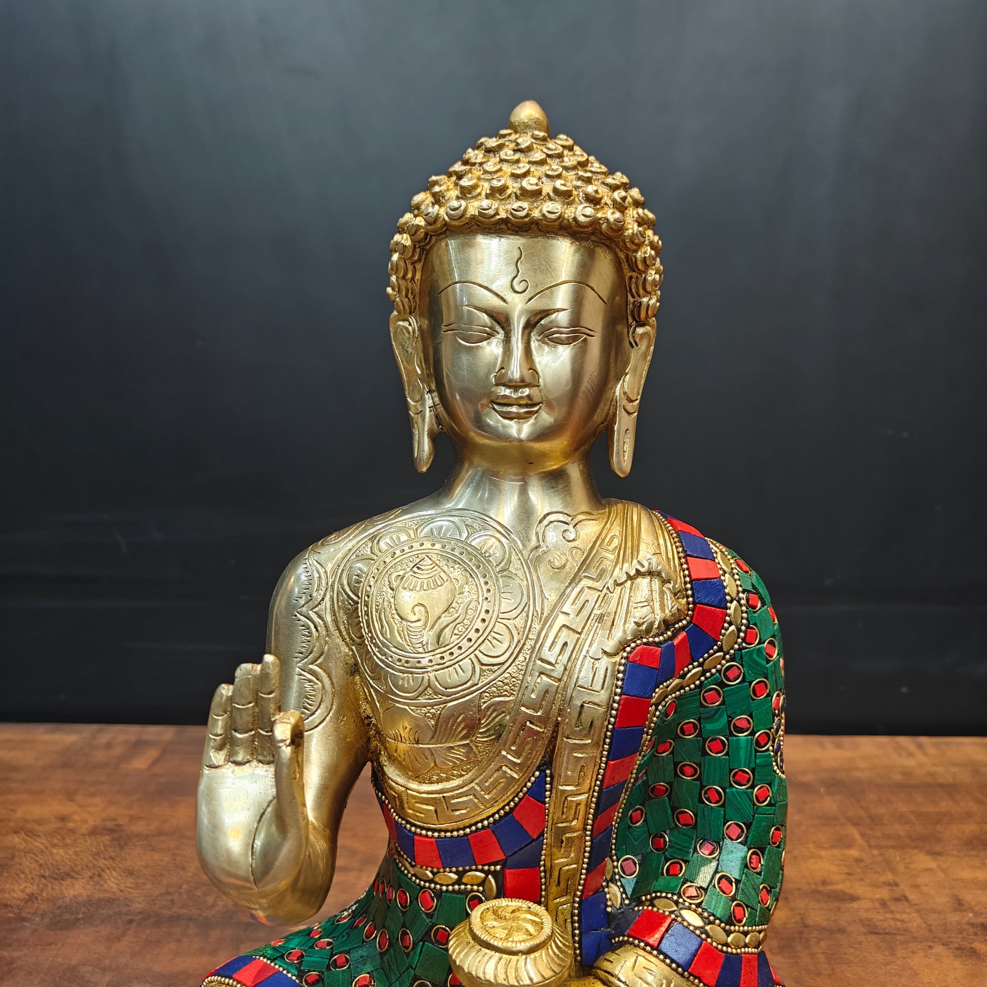 Brass Blessing Buddha Statue With Stone Wotk For Home Decor 14 Inch - Image 2