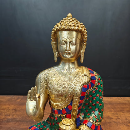 Brass Blessing Buddha Statue With Stone Wotk For Home Decor 14 Inch by vendor-unknown - Buddha (View 2)