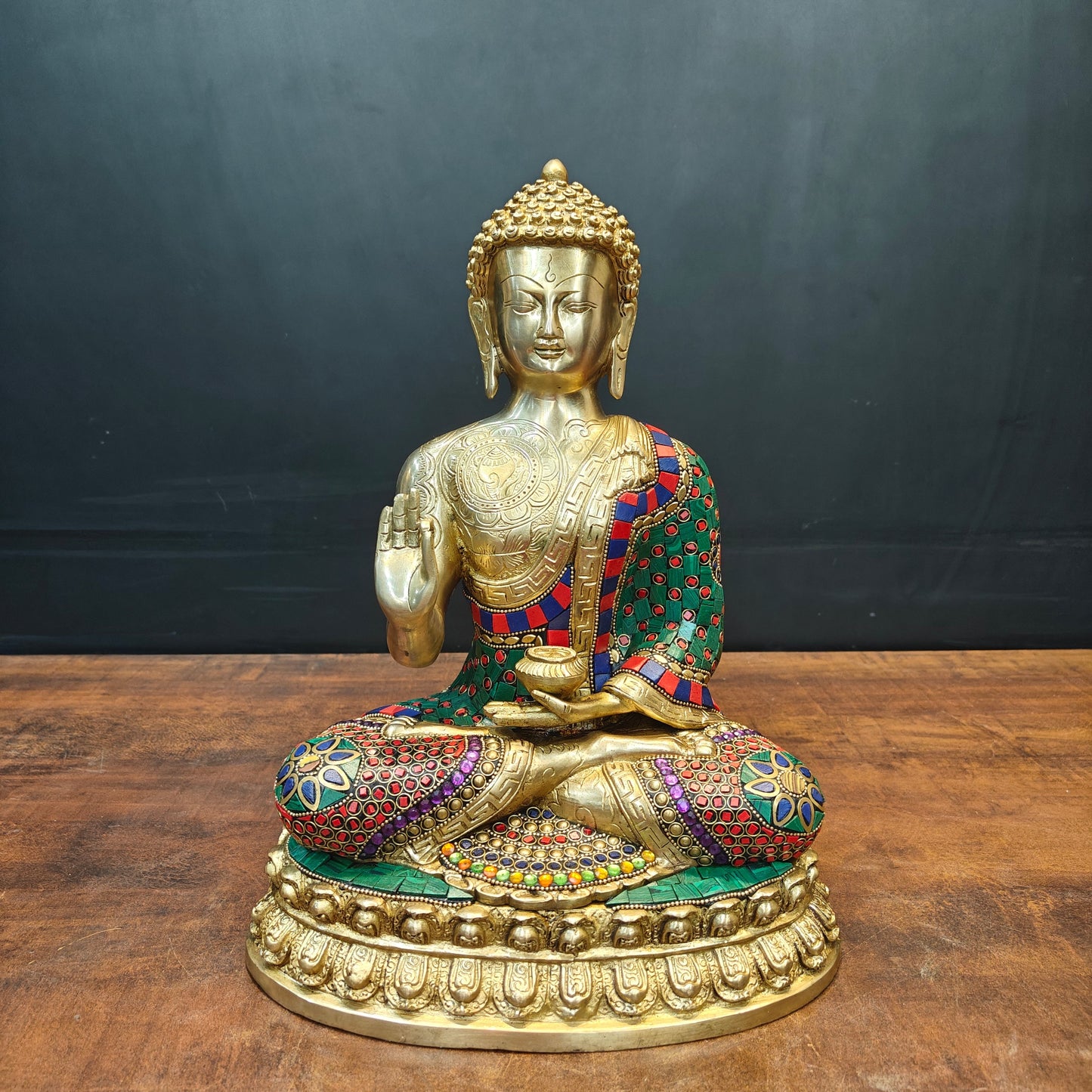 Brass Blessing Buddha Statue With Stone Wotk For Home Decor 14 Inch