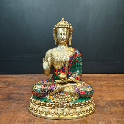 Brass Blessing Buddha Statue With Stone Wotk For Home Decor 14 Inch by vendor-unknown - Buddha (View 3)