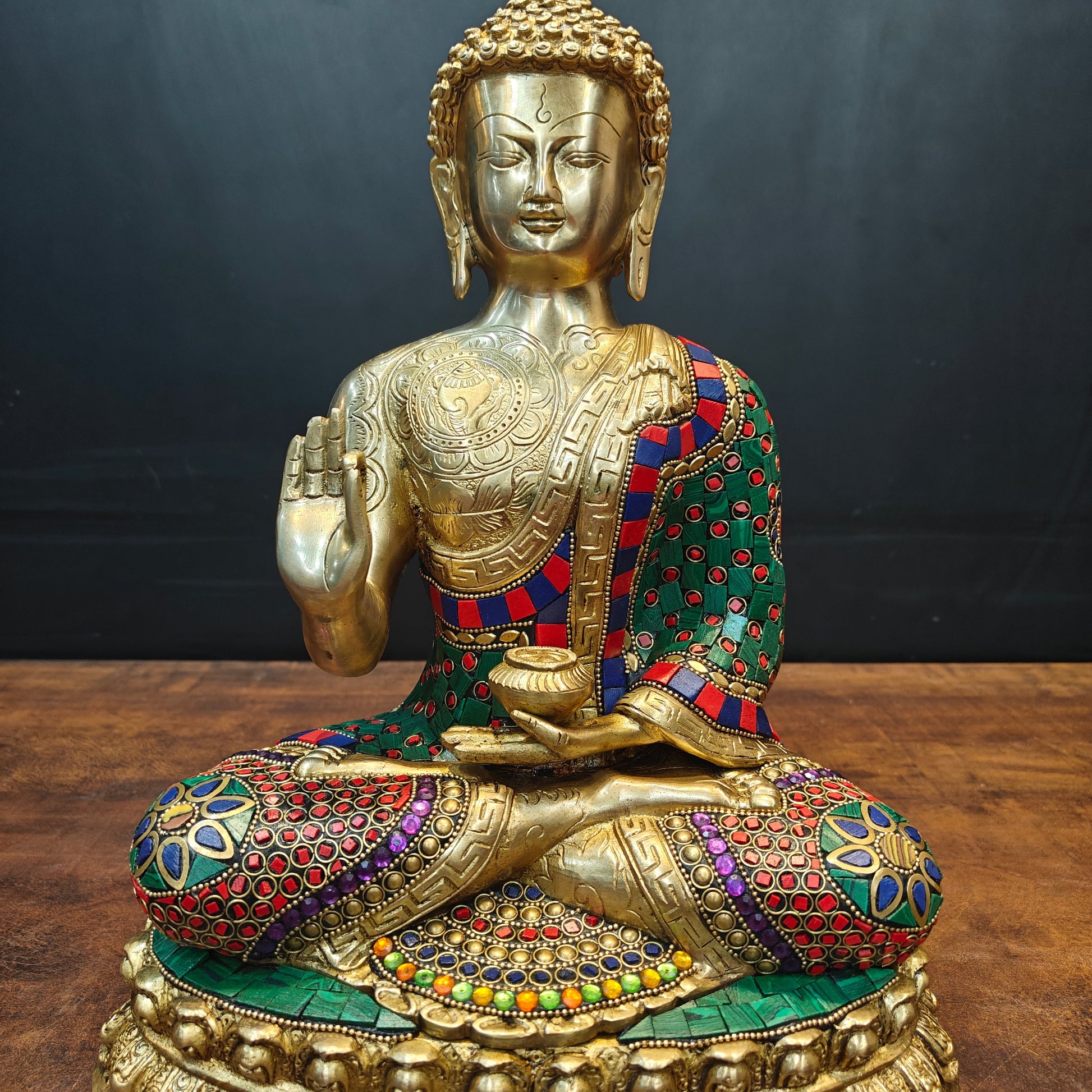 Brass Blessing Buddha Statue With Stone Wotk For Home Decor 14 Inch - Image 4