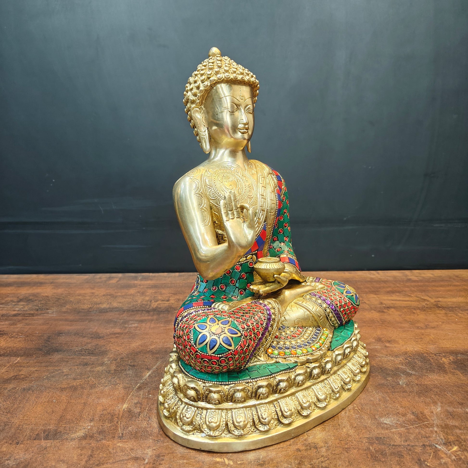 Brass Blessing Buddha Statue With Stone Wotk For Home Decor 14 Inch - Image 5