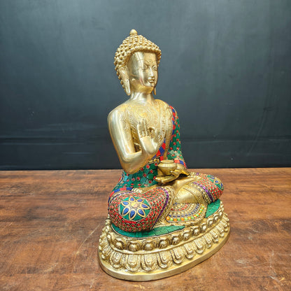 Brass Blessing Buddha Statue With Stone Wotk For Home Decor 14 Inch by vendor-unknown - Buddha (View 5)