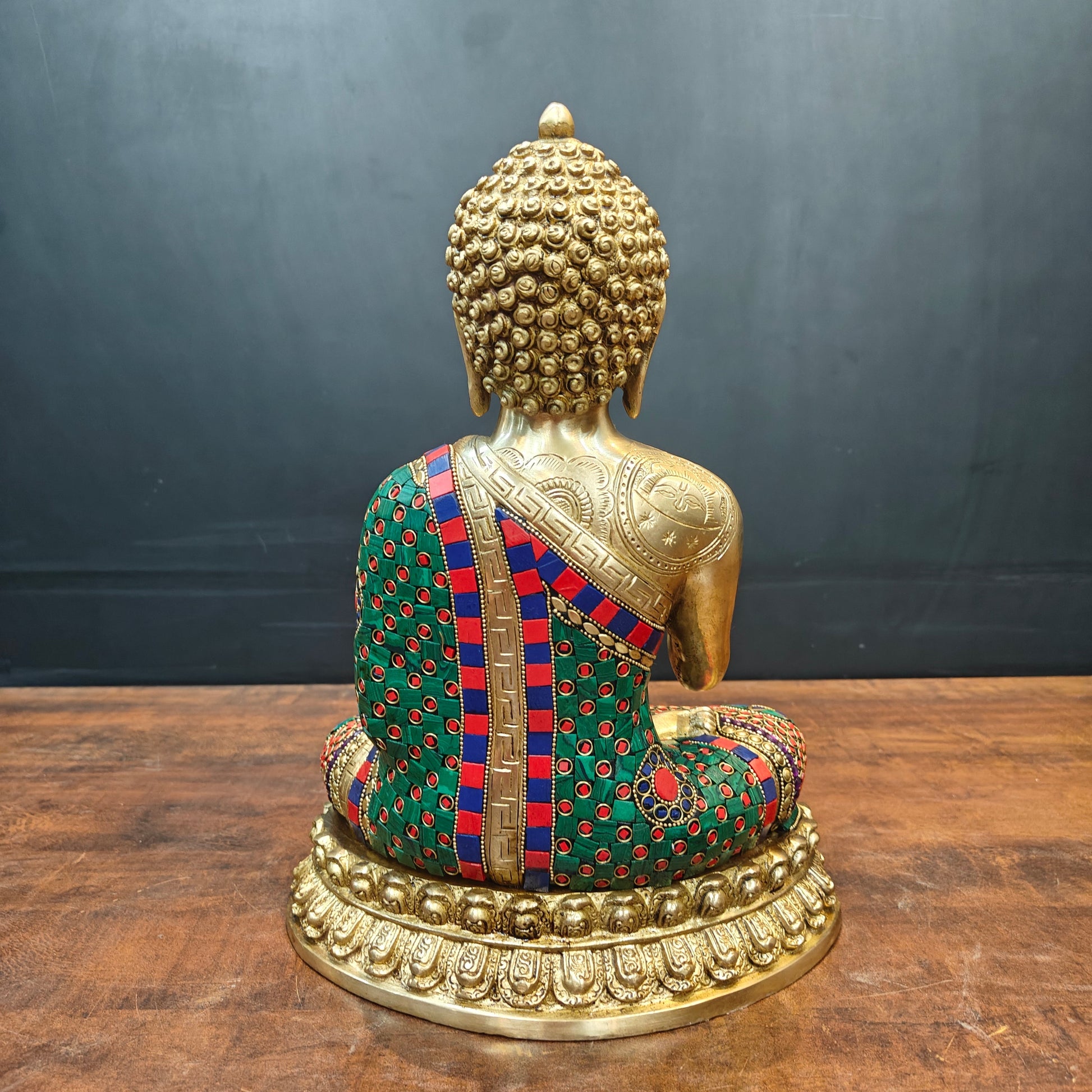 Brass Blessing Buddha Statue With Stone Wotk For Home Decor 14 Inch - Image 6