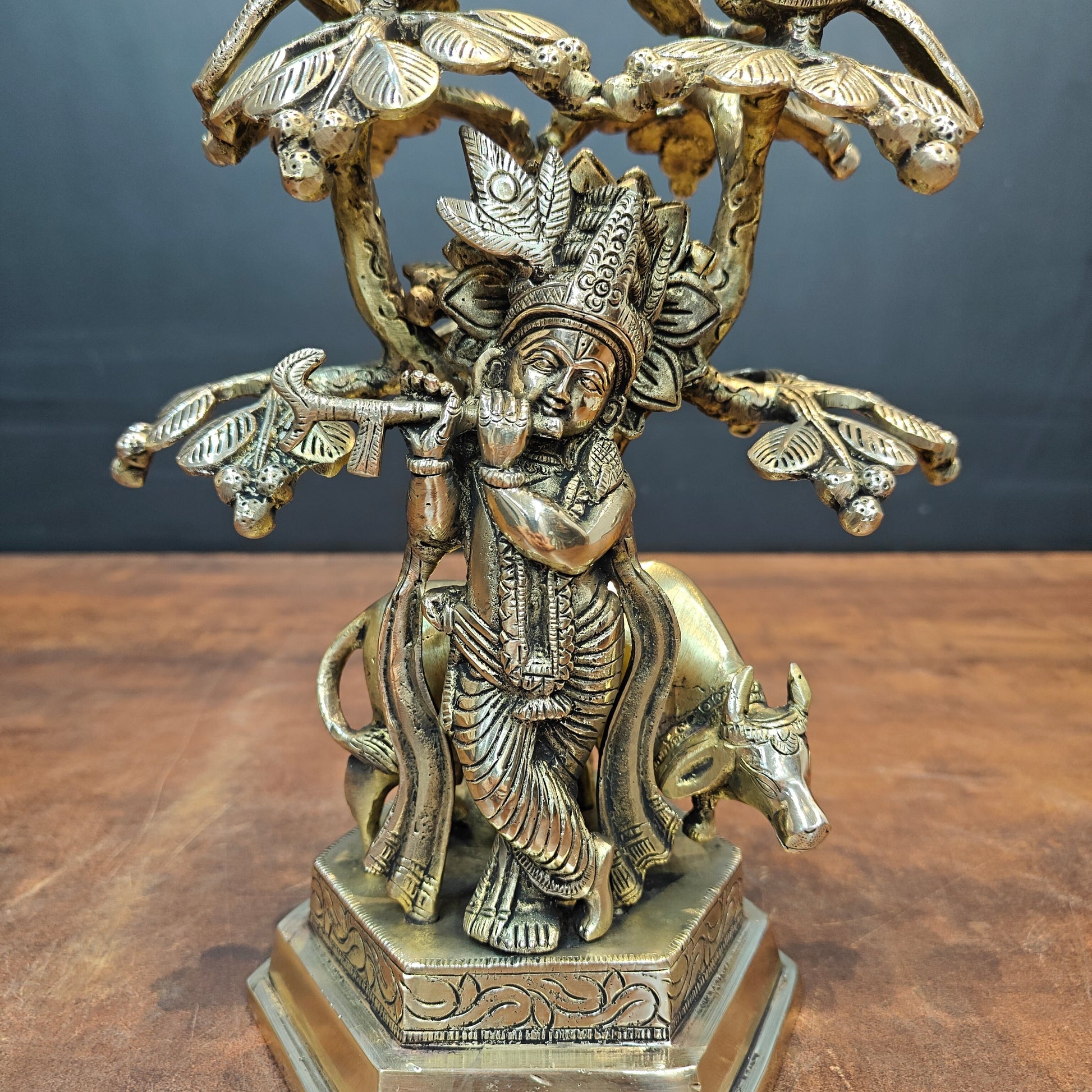 Brass Krishna Idol With Cow Under Kadamba Tree Antique Finish 10 Inches - Image 2