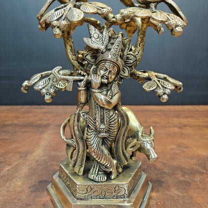 Brass Krishna Idol With Cow Under Kadamba Tree Antique Finish 10 Inches by vendor-unknown - Hindu Gods (View 2)