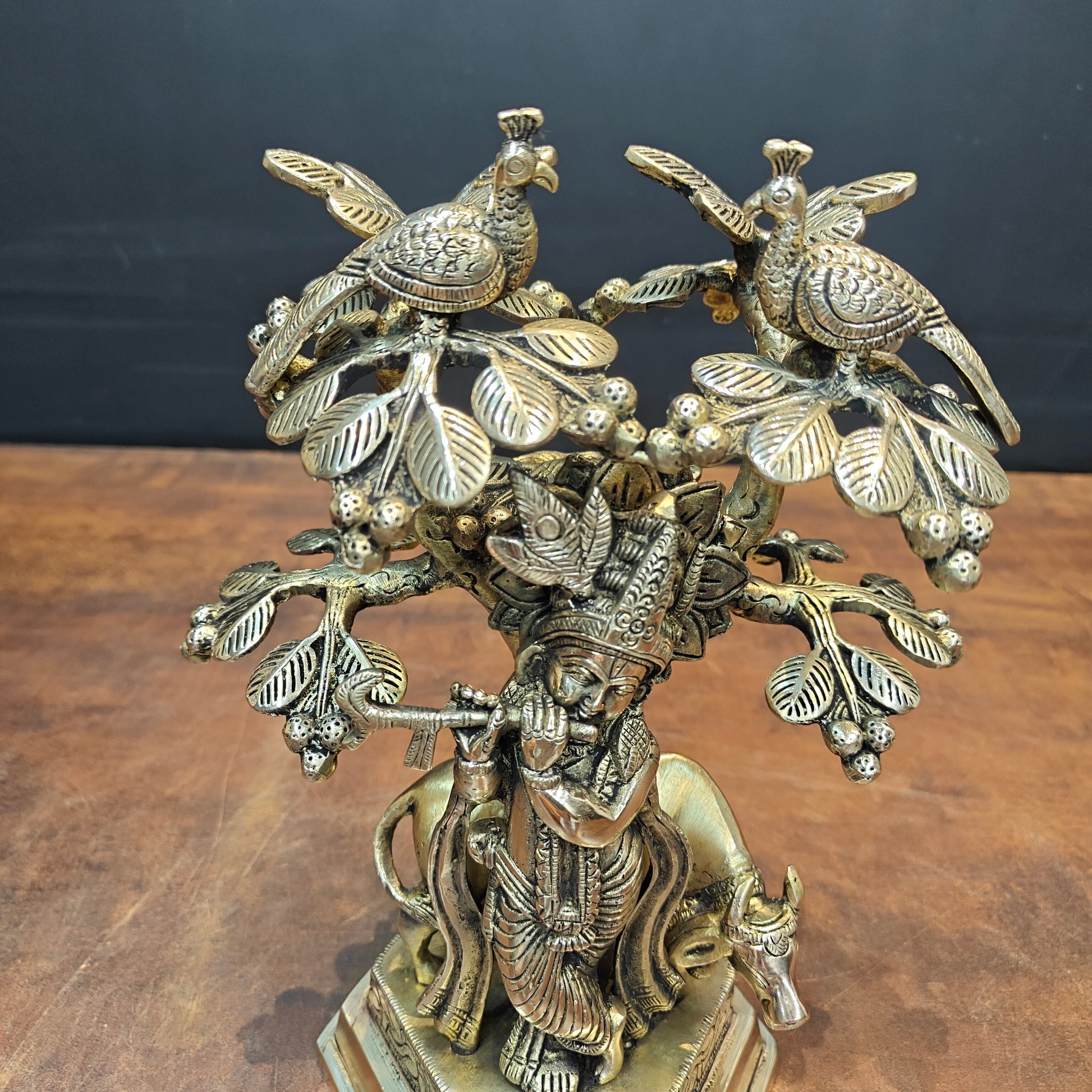 Brass Krishna Idol With Cow Under Kadamba Tree Antique Finish 10 Inches - Image 3