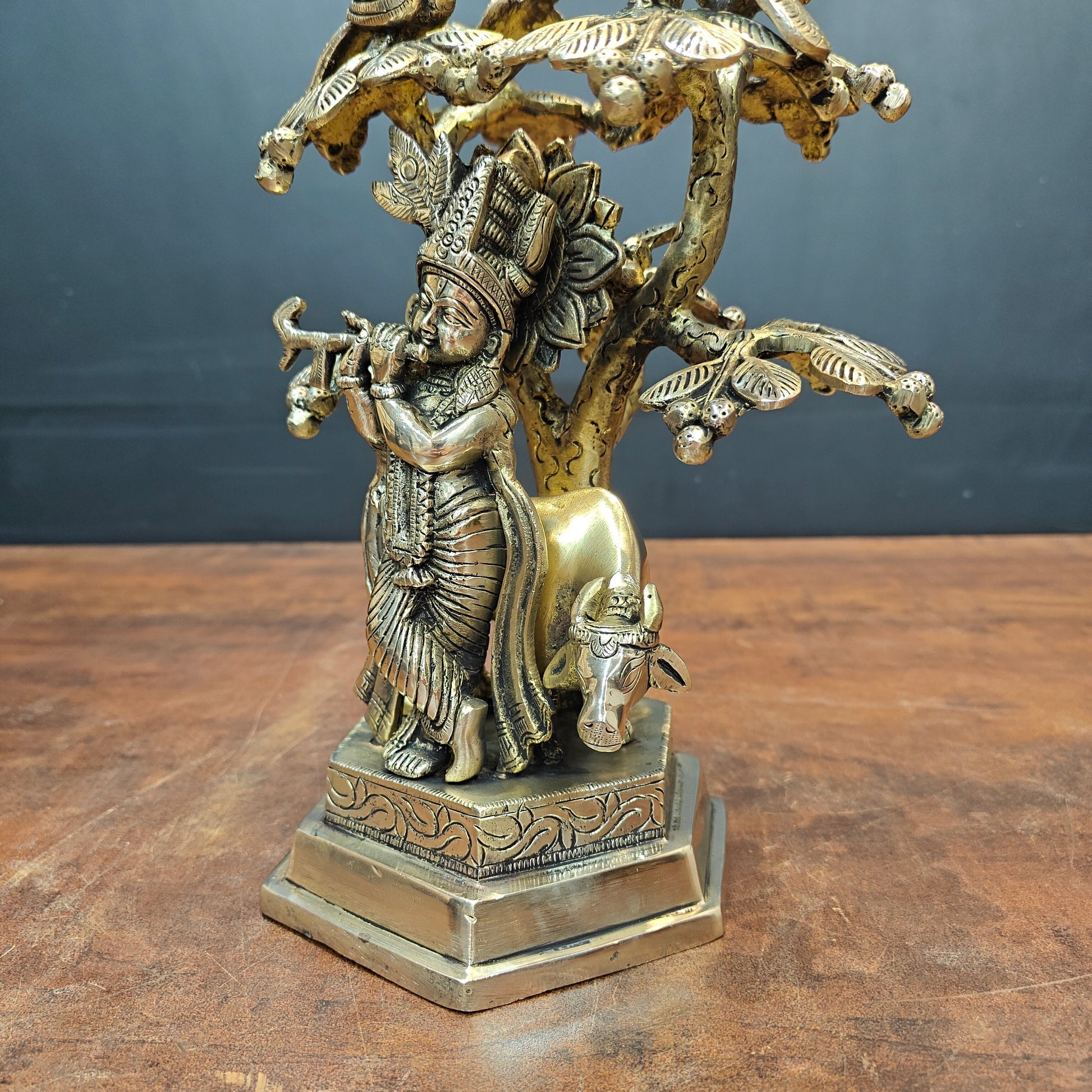 Brass Krishna Idol With Cow Under Kadamba Tree Antique Finish 10 Inches - Image 4