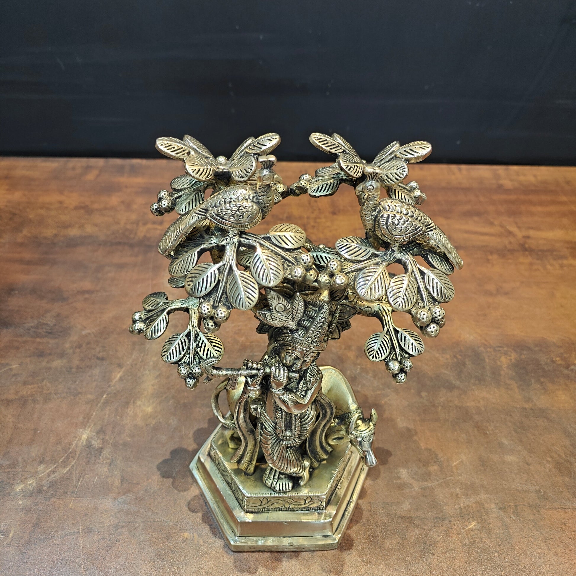 Brass Krishna Idol With Cow Under Kadamba Tree Antique Finish 10 Inches - Image 5