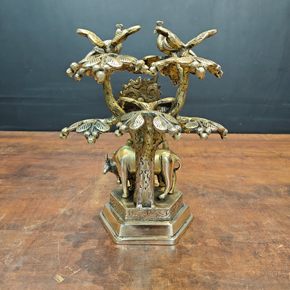 Brass Krishna Idol With Cow Under Kadamba Tree Antique Finish 10 Inches by vendor-unknown - Hindu Gods (View 6)