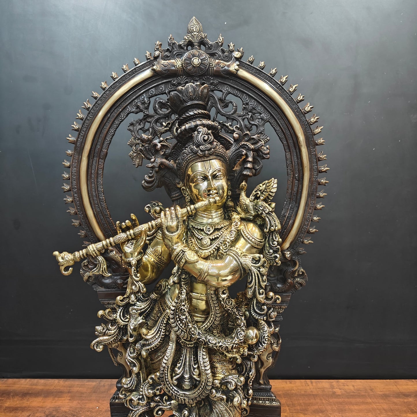 Brass Krishna Idol With Prabhavali Orange Patina Finish 32 Inch