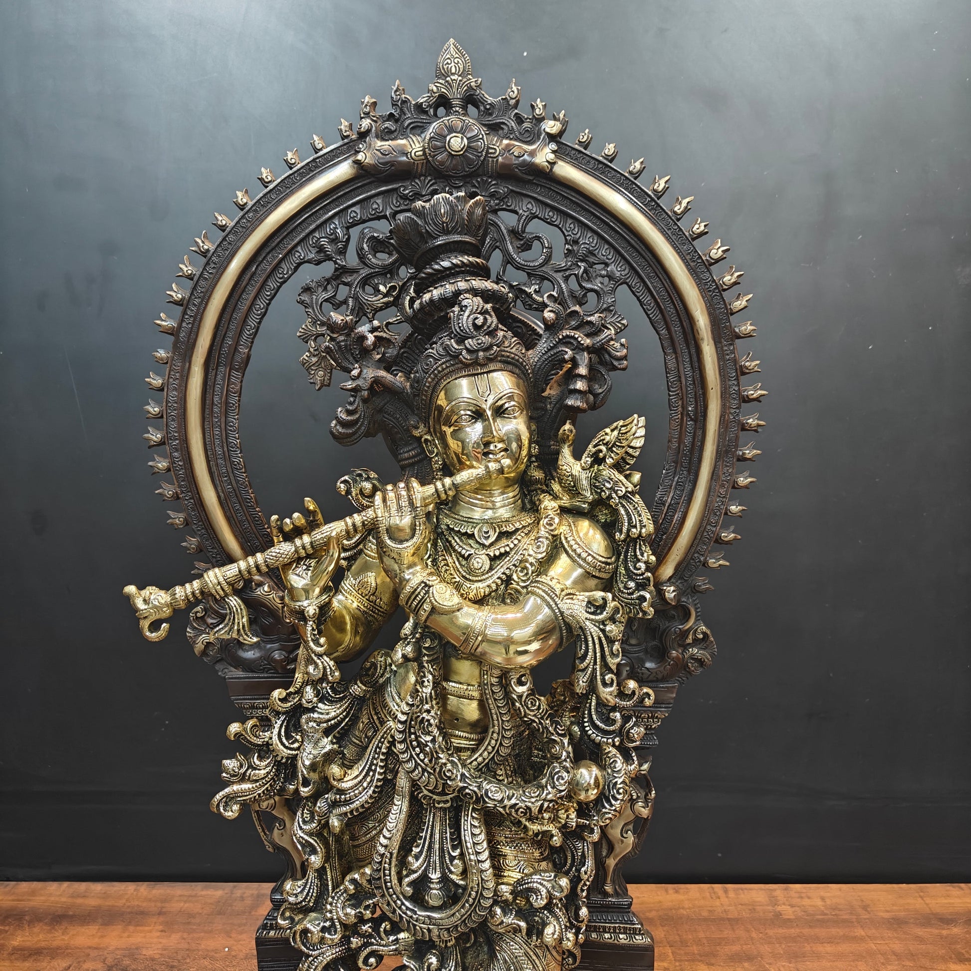 Brass Krishna Idol With Prabhavali Orange Patina Finish 32 Inch - Image 2