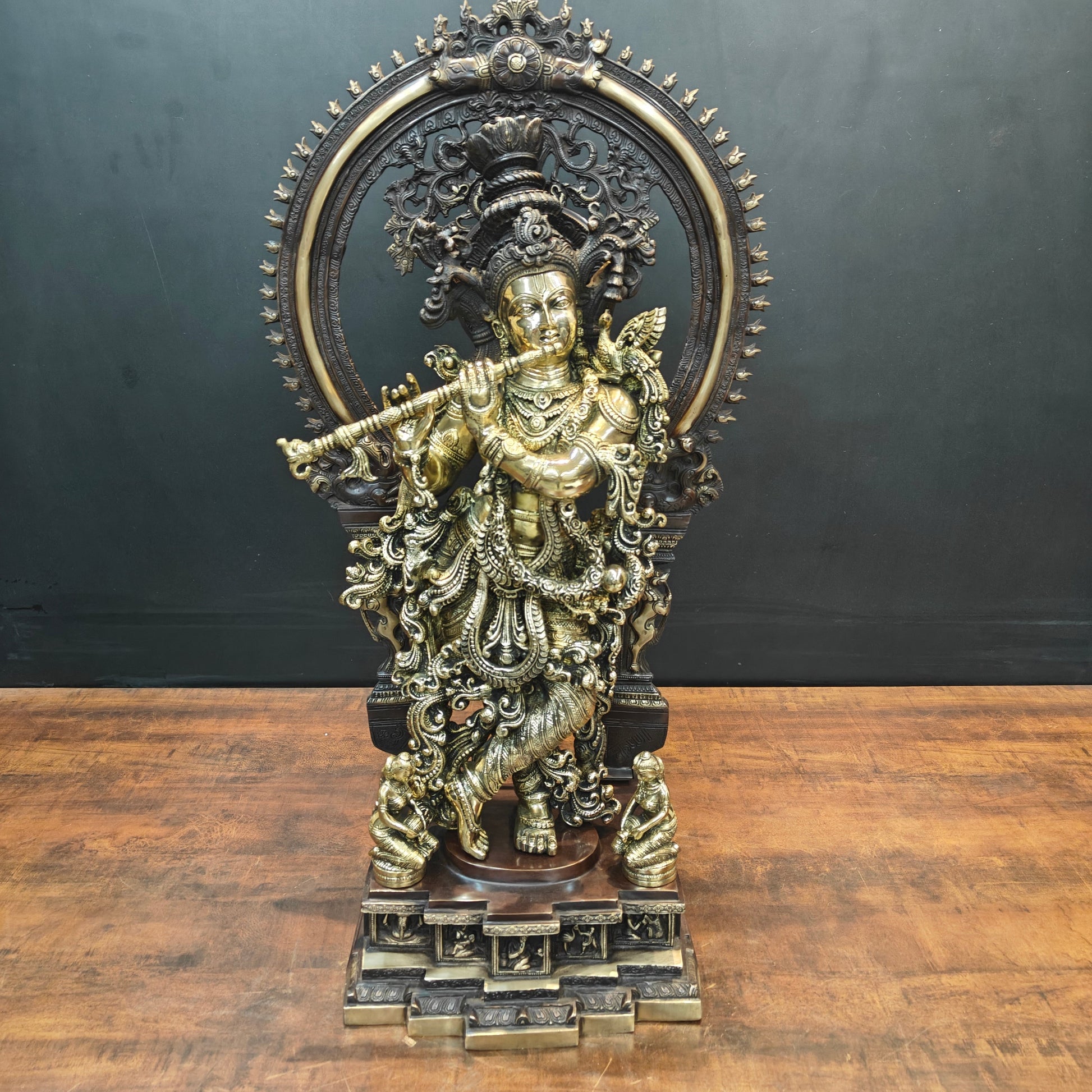 Brass Krishna Idol With Prabhavali Orange Patina Finish 32 Inch - Image 3