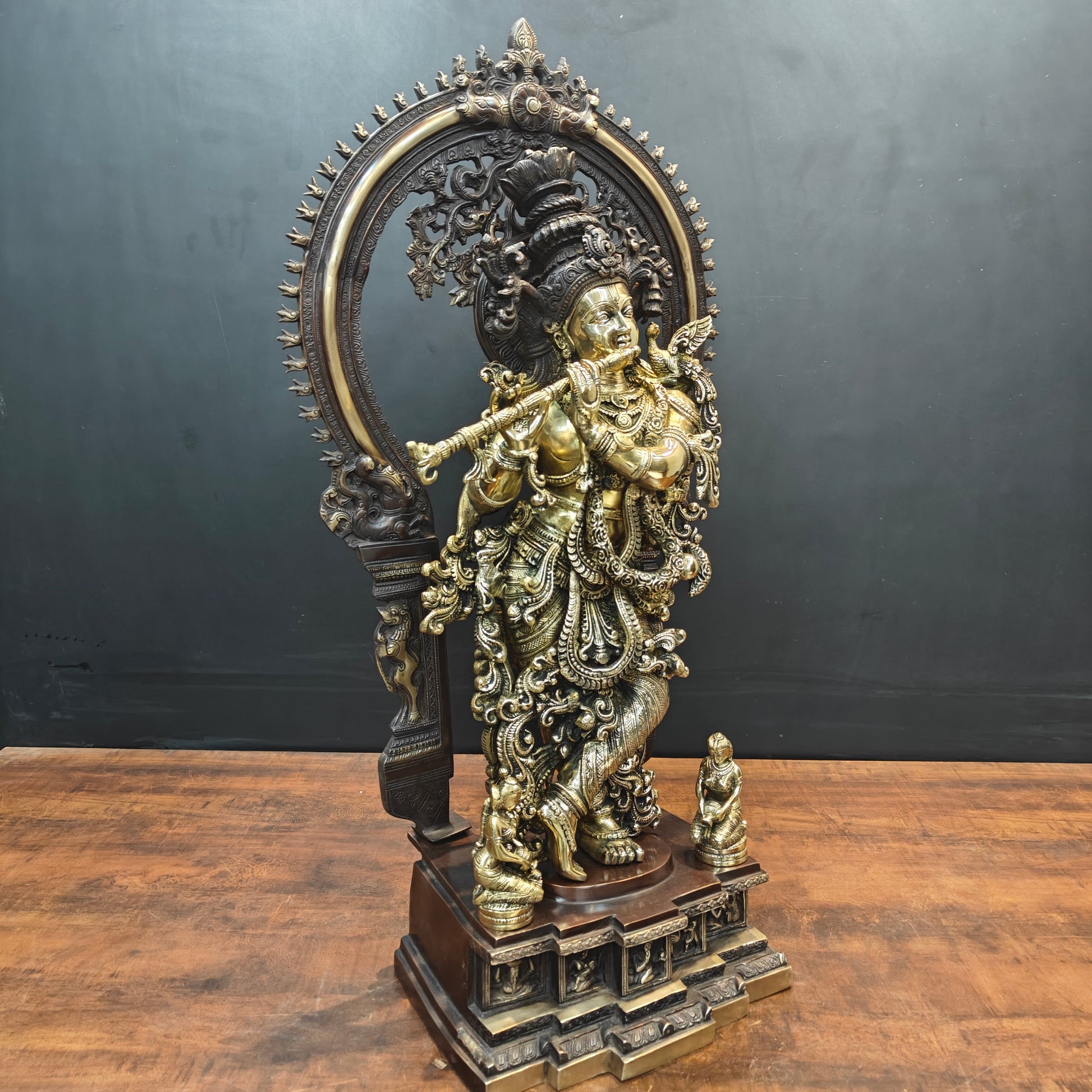 Brass Krishna Idol With Prabhavali Orange Patina Finish 32 Inch - Image 4