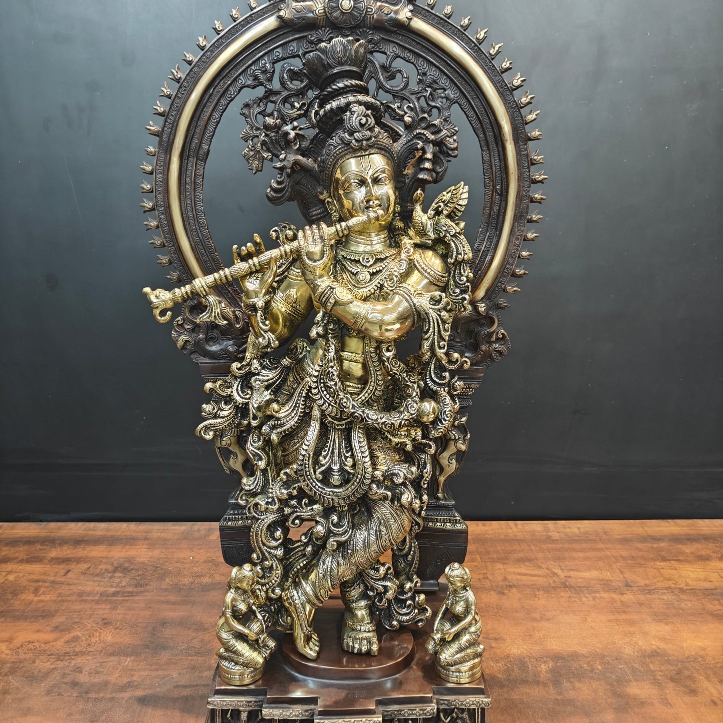 Brass Krishna Idol With Prabhavali Orange Patina Finish 32 Inch