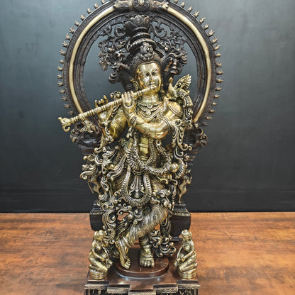 Brass Krishna Idol With Prabhavali Orange Patina Finish 32 Inch by vendor-unknown - Hindu Gods (View 5)