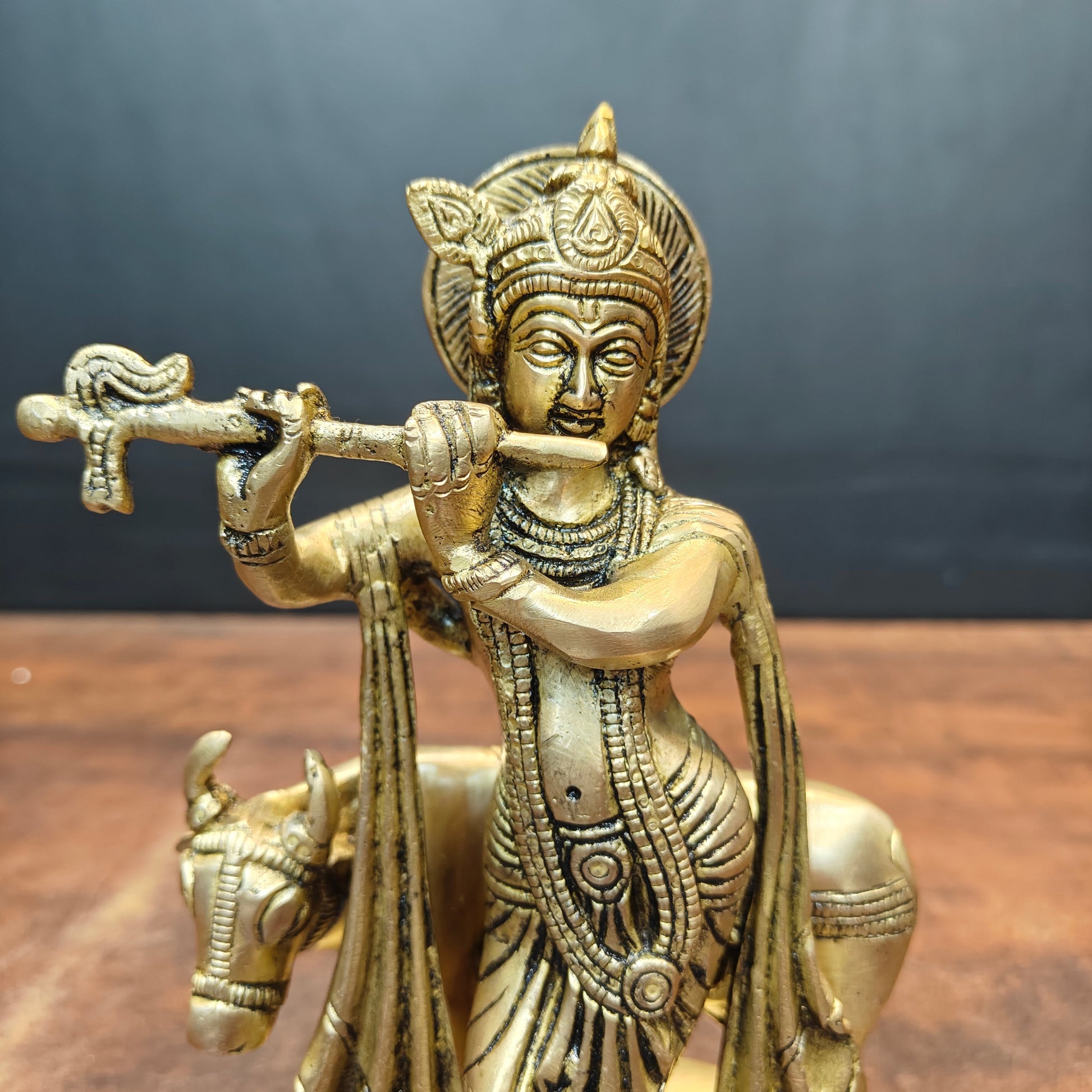 Brass Krishna Idol With Cow For Home Decor 8.5 Inch - Image 2