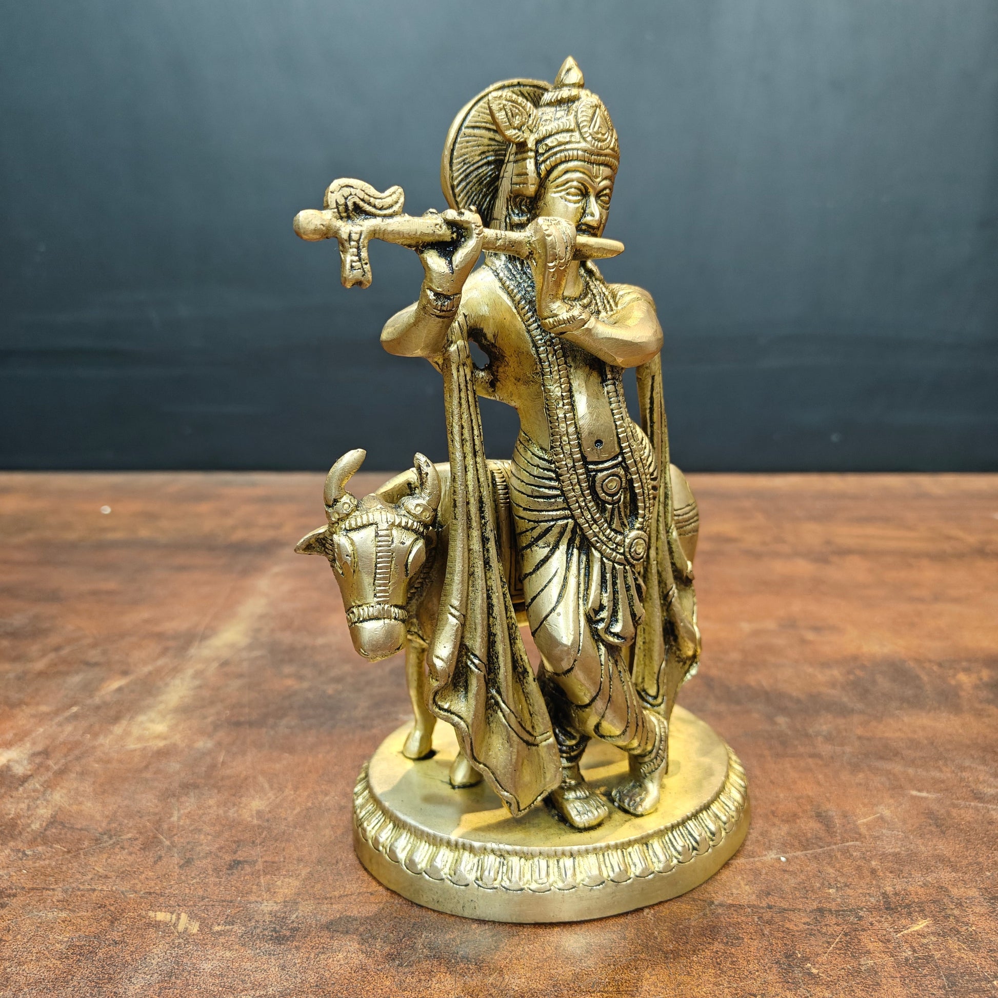 Brass Krishna Idol With Cow For Home Decor 8.5 Inch - Image 3